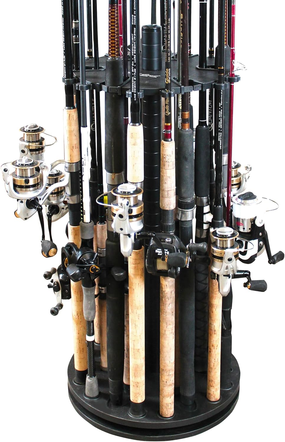 Rush Creek Creations 24-Rod Round Spinning Fishing Pole Holder with 6 Dual Rod Clips, 360° Access Saltwater Fishing Rod Holder, Black