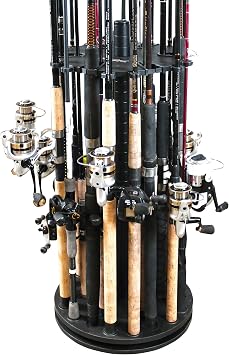 Rush Creek Creations 24-Rod Round Spinning Fishing Pole Holder with 6 Dual Rod Clips, 360 Access Saltwater Fishing Rod Holder, Black
