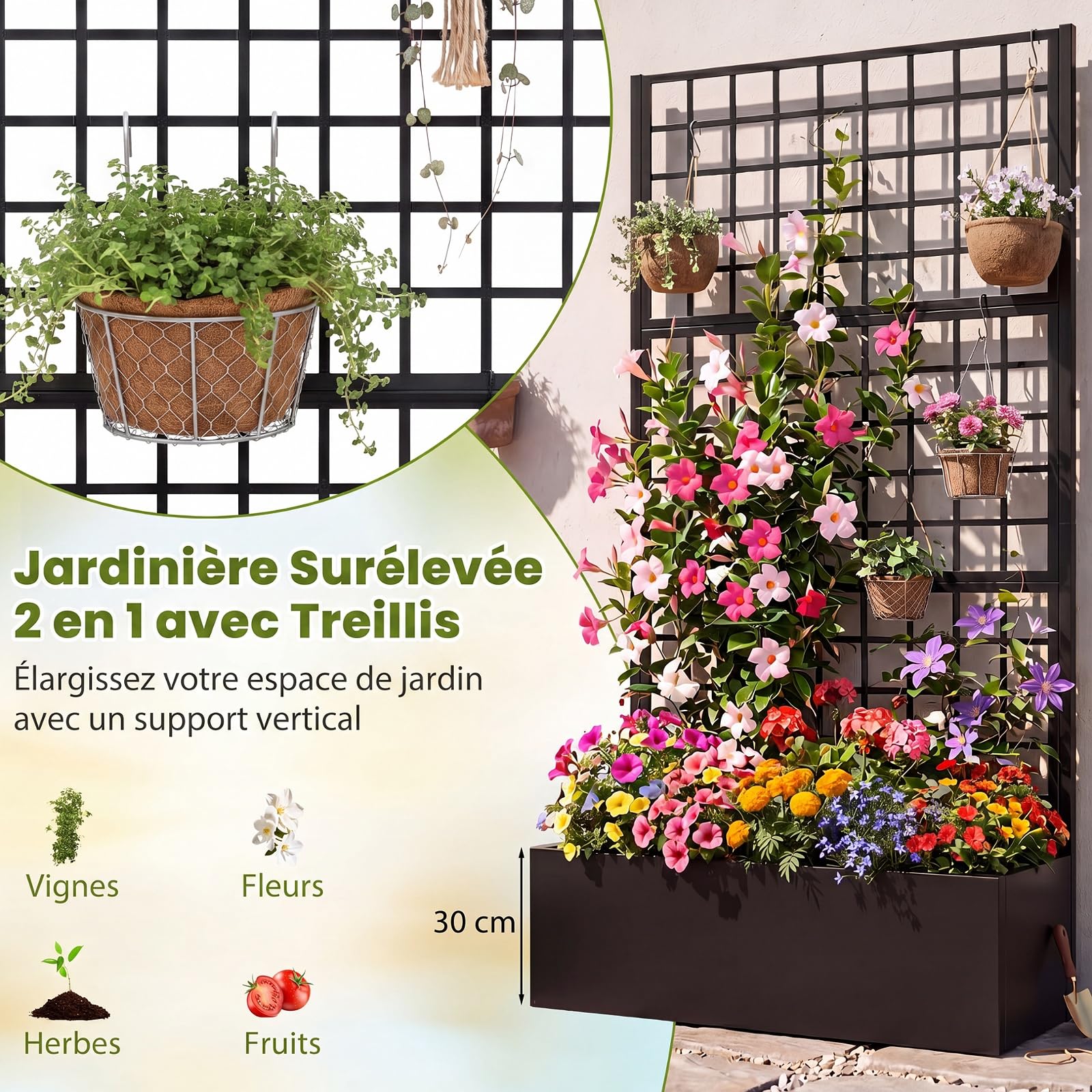 COSTWAY Jardinière avec Treillis en Métal avec Brise-Vue | Bac à Fleurs, 3 Panneaux, Trous de Drainage, Support Plantes Grimpantes Herbes Fruits pour Balcon Jardin, 90 x 40 x 180,5 cm