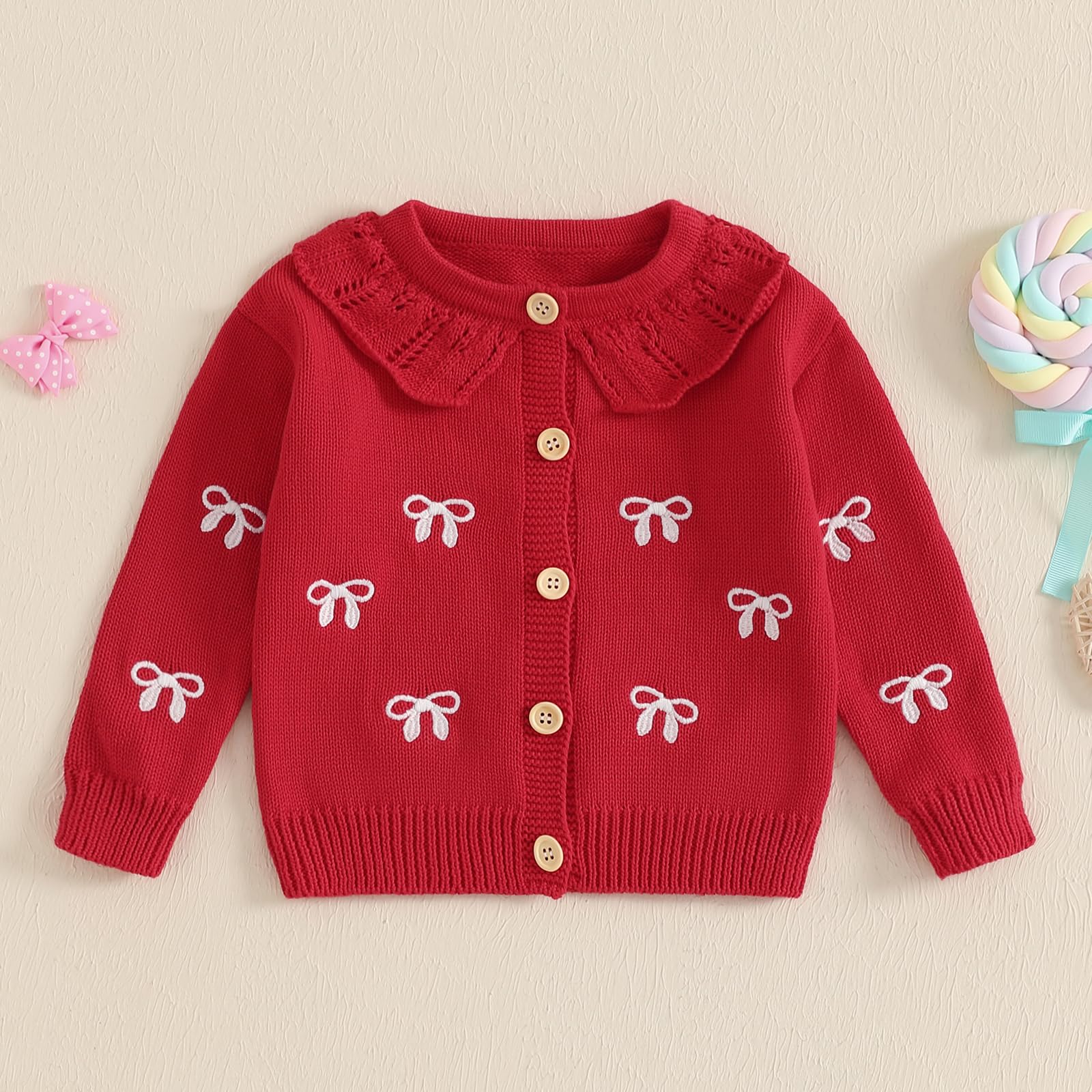 Toddler Girls Fall Knit Cardigans Bow Pattern Button Down Long Sleeve Crew Neck Baby Sweater Jackets (Red Bow, 18-24 Months)