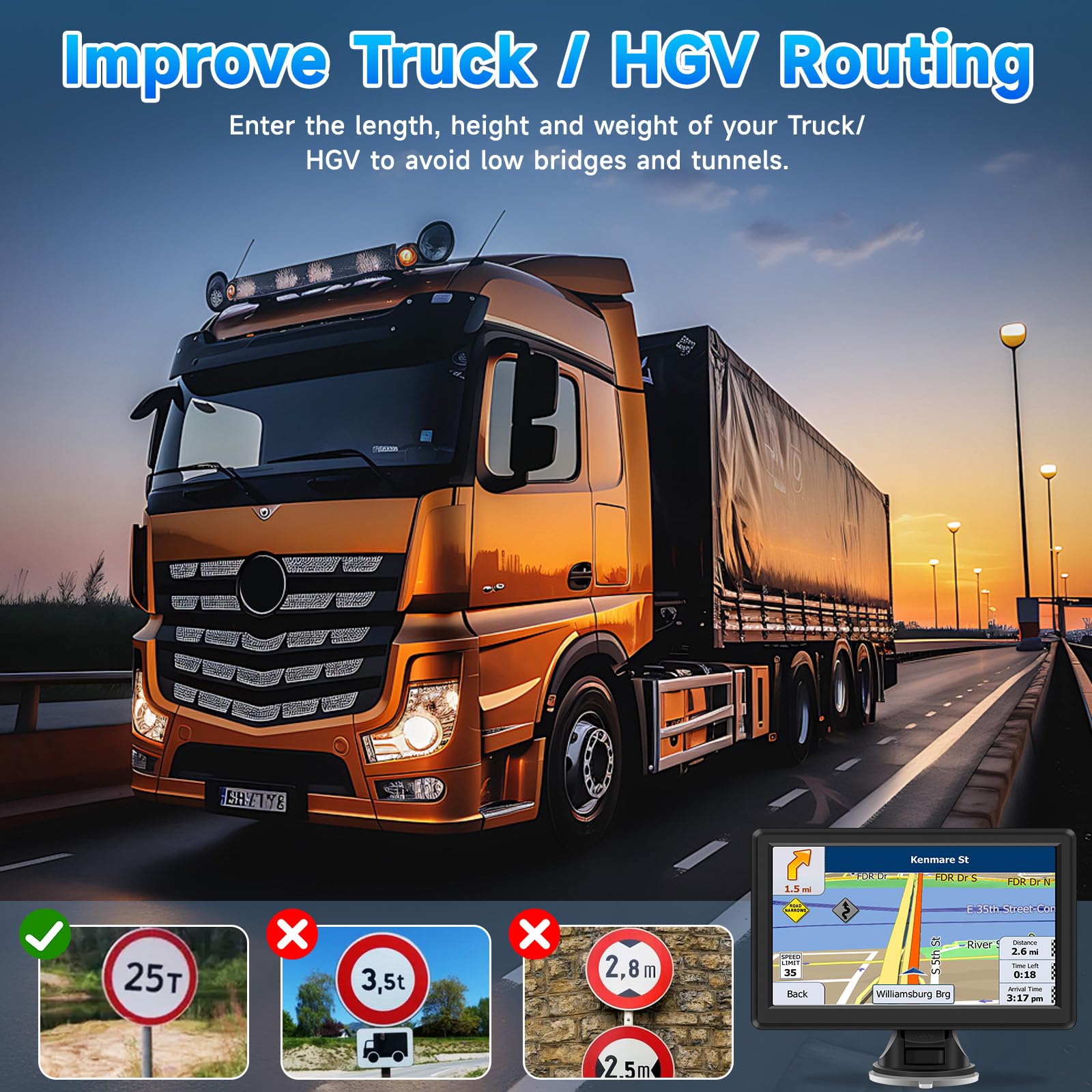 7 inch Sat Nav, Car GPS Navigation System for Trucks, with UK and Europe Maps, Lifetime Free Updates, Support Postcode Search and Voice Guidance, Speed Camera Alert, Lane Guidance Assist, POI — view 2