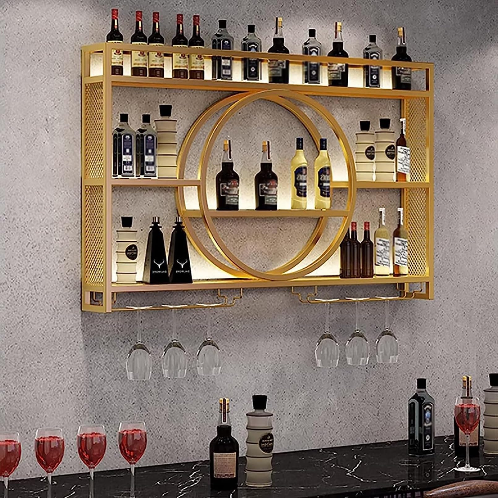 Étagère à vin murale gain de place avec porte-verres suspendu intégré