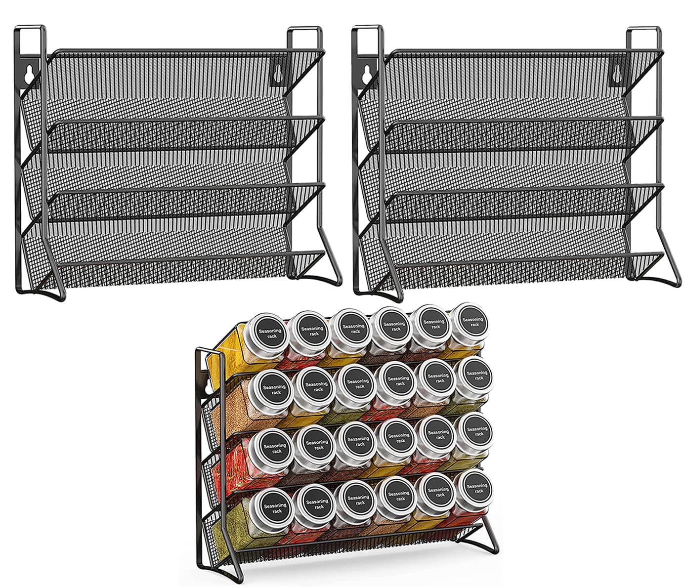 PALVOX - 4 Tier Spice Rack Set of 2, Multipurpose Seasoning Organizer for Cabinet, Countertop and Wall Mounted, Kitchen Spice Racks, Black