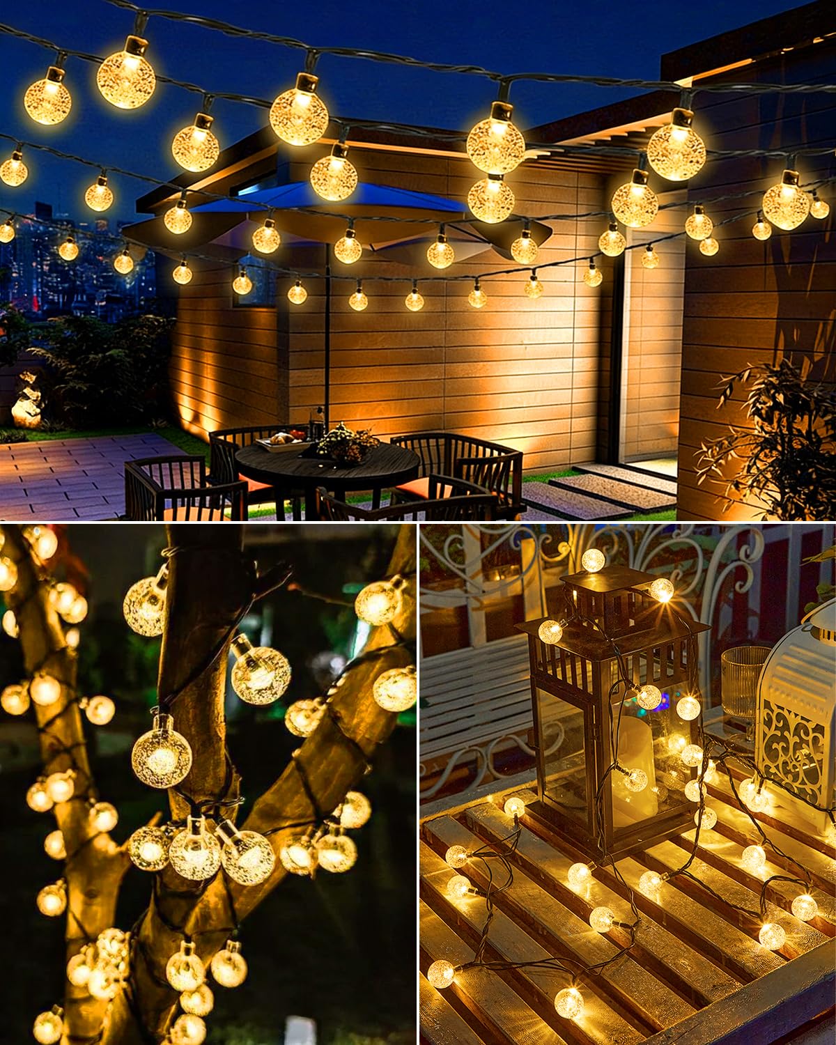 Ghirlanda luminosa solare per esterni - 6 m - 30 sfere LED di cristallo - 8 modalità di illuminazione - Impermeabile IP65 - Bianco caldo - Ideale per giardino, balcone, terrazza e alberi