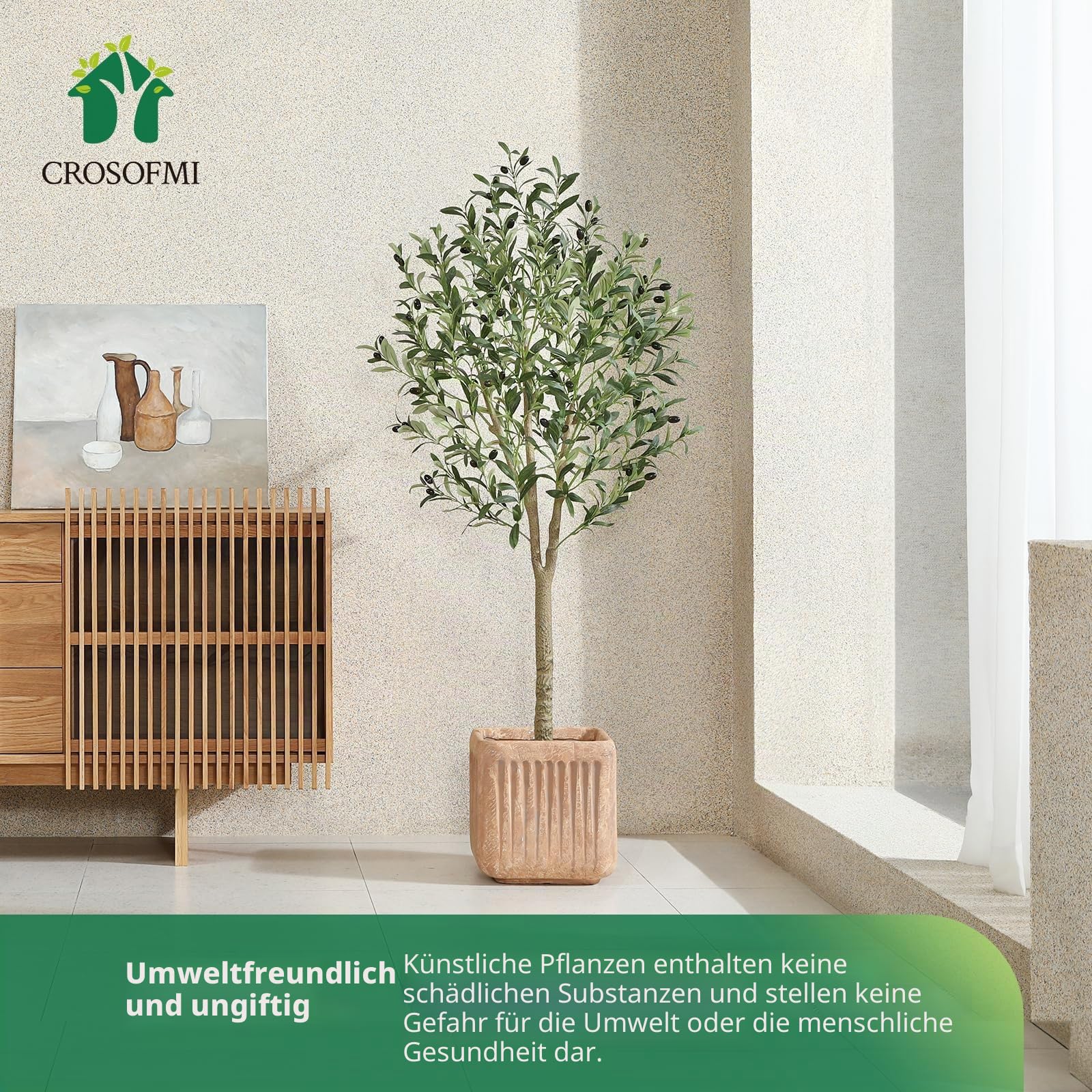 CROSOFMI Künstliche Olivenbaum Pflanzen 150cm Fake Tropische Plastik Pflanze Perfekte Große Pflanzen im Topf für Indoor Outdoor Haus Büro Garten Moderne Dekoration Housewarming Geschenk