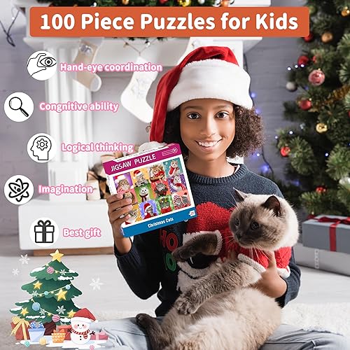 Miniatura 5 de Rompecabezas de Navidad de 100 piezas para niños, gatos de Navidad, rompecabezas multicolor para niños de 4 a 8 años, 3 a 5 y 8 a 10 años, juguetes