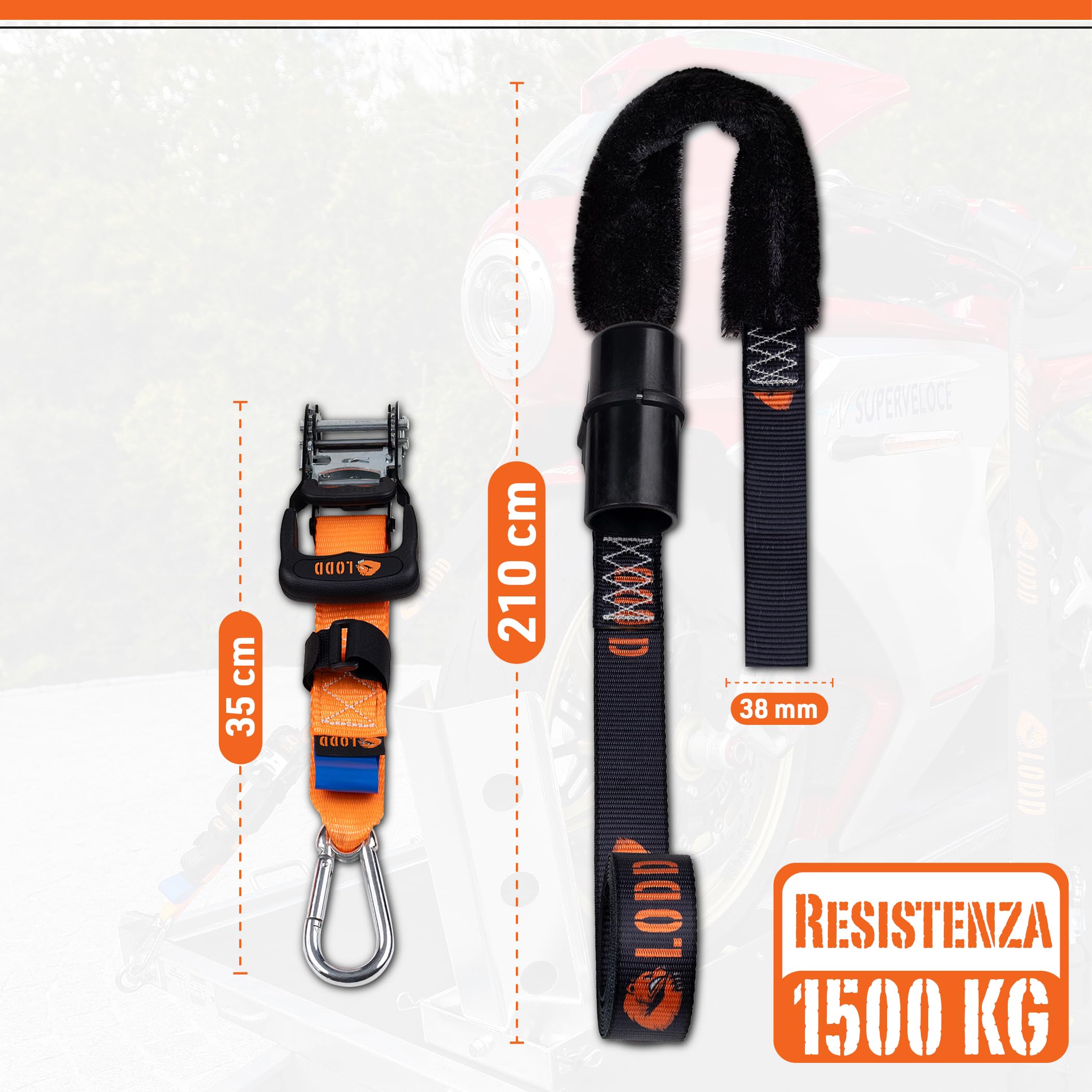 LODD – Cinghie Moto, Ancoraggio al Manubrio con Manicotti Compositi Rinforzati, 38 mm, 1100 kg, Moschettoni in acciaio, Rimorchio, Stradali & sportive (Cricchetti/Manicotti rigidi)