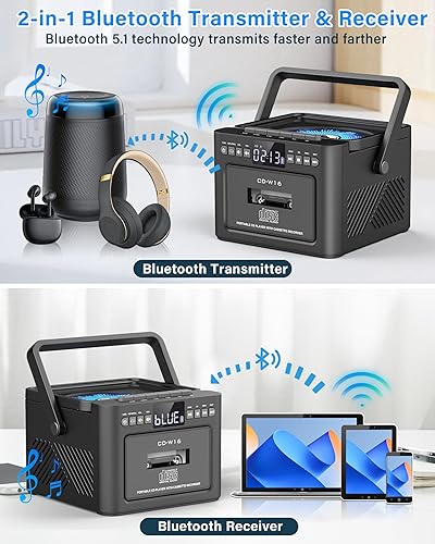 Miniatura 4 de Greadio Boombox - Combo de reproductor de CD y cassette, reproductor de CD recargable de 5000 mAh con Bluetooth de recepción/transmisión/radio
