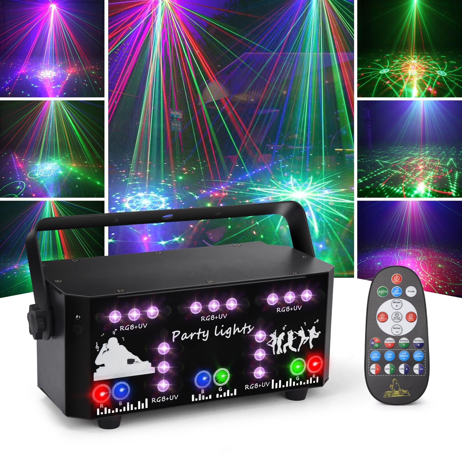 Fwiull Luce da discoteca per feste con telecomando, DMX controllata dalla musica, luce stroboscopica, proiettore DJ, luci LED RGB per Halloween, Natale, club (WRSL23)