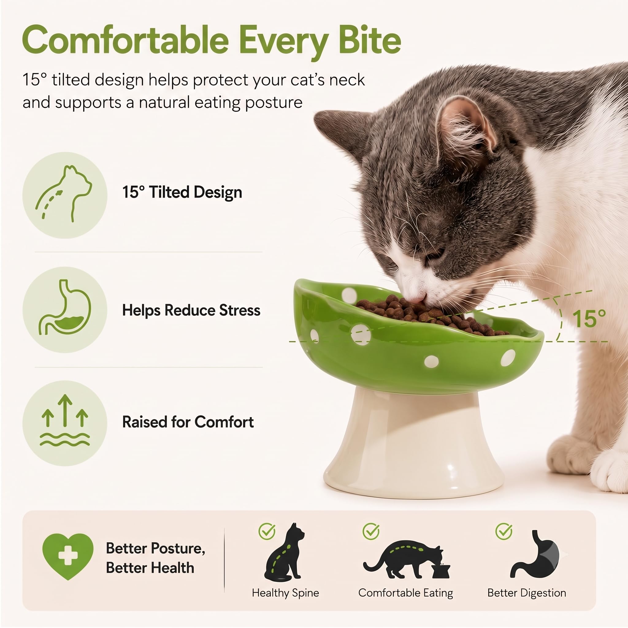 Ciotole per gatti rialzate in ceramica, inclinate, rialzate, anti-vomito, per gatti da interni, ciotola per cibo e acqua per animali domestici per gattini, gatti, cuccioli, lavabile in lavastoviglie