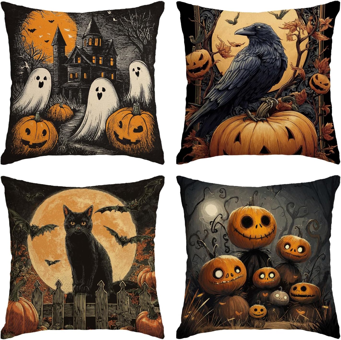 Halloween Pillow Covers 20x20 Set of 4 Ghost Pumpkin Decorative Throw Pillows Cover Black Cat Spider Crow Pillow Cases Home Outdoor Sofa Couch Cushion Covers for Halloween Decorations (20 by 20)