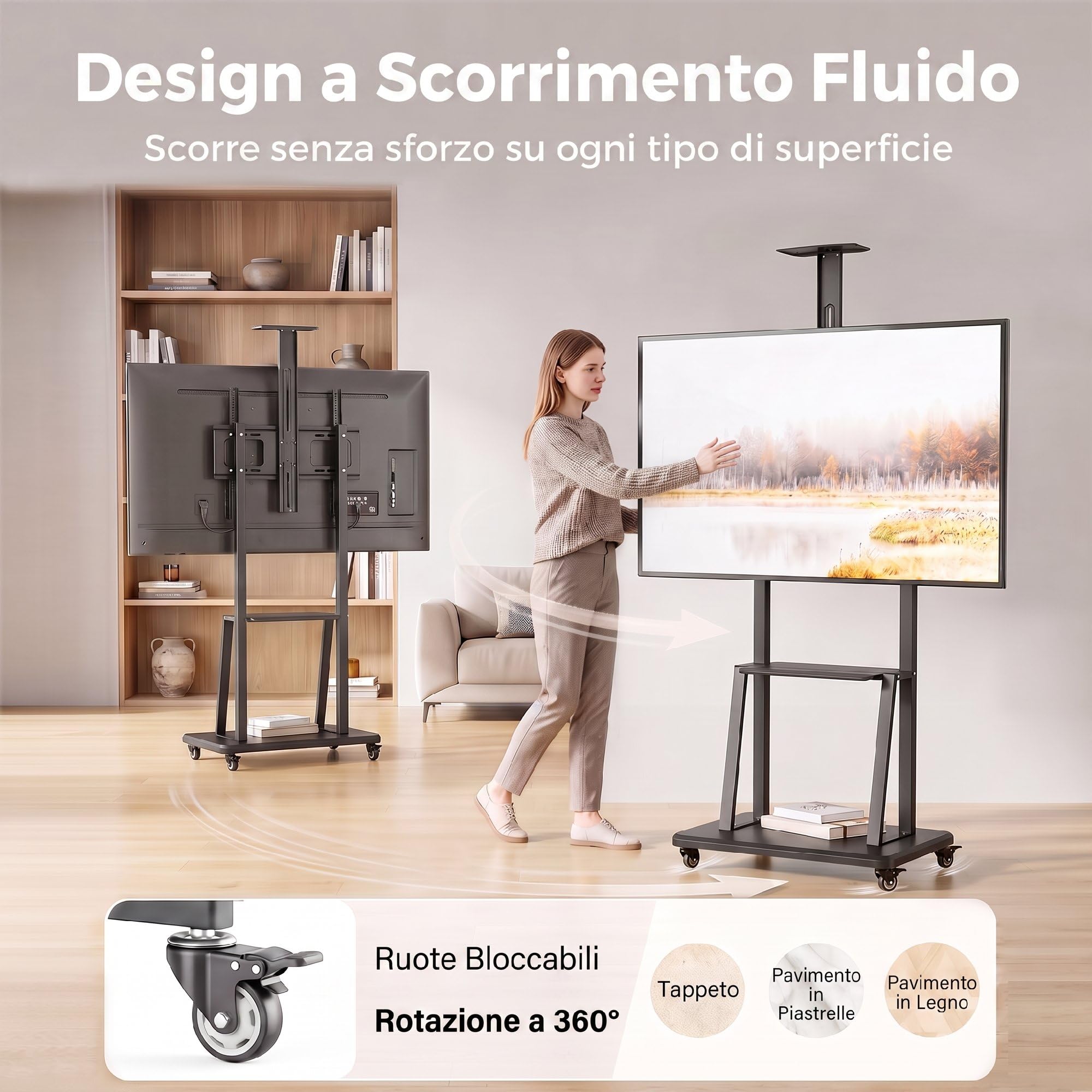 HOMCOM Supporto TV da Pavimento da 32-75 Pollici Max VESA 400x600 mm Nero | Carrello Porta TV, Altezza Regolabile, Ruote a Freno, Ripiano Multimediale, per Schermi LCD/LED/OLED, Carico Max. 50 kg