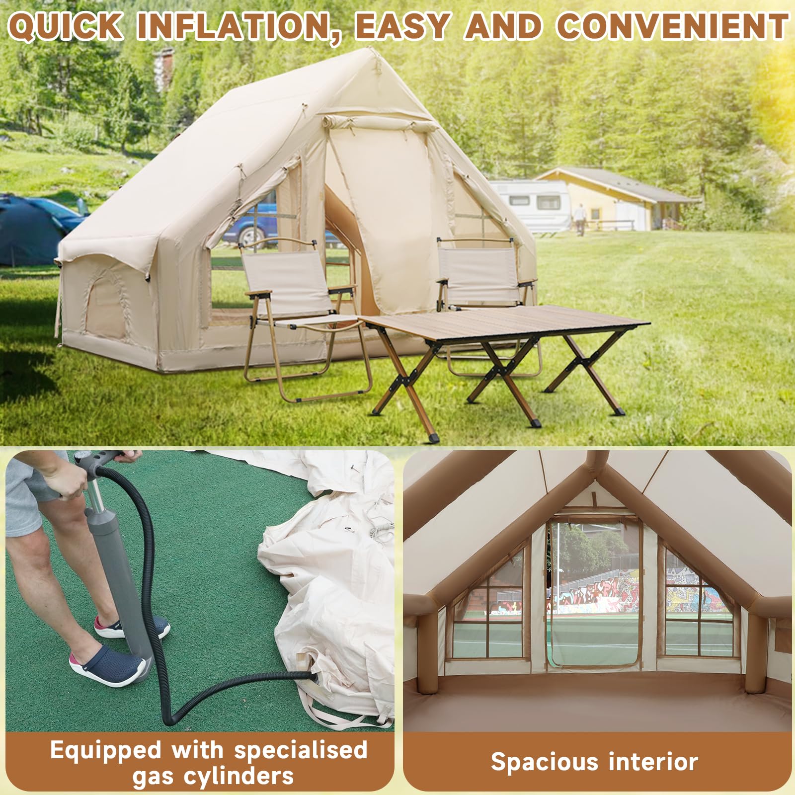 Outdoor Camping Quick Setup Aufblasbares Zelt mit Pumpe, Familie Aufblasbares Zelt mit Fenster und Tür, Pop-Up-Zelt mit Aufbewahrungstasche, 4 Jahreszeiten Wasserdicht Winddicht Großes Luftzelt