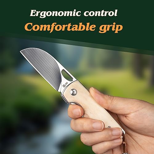 Miniatura 6 de JIN Vaquero - Cuchillo de bolsillo para hombre, hoja de damasco pulida de 2.75 pulgadas, EDC plegable con mango de hueso, kit de bricolaje con clip