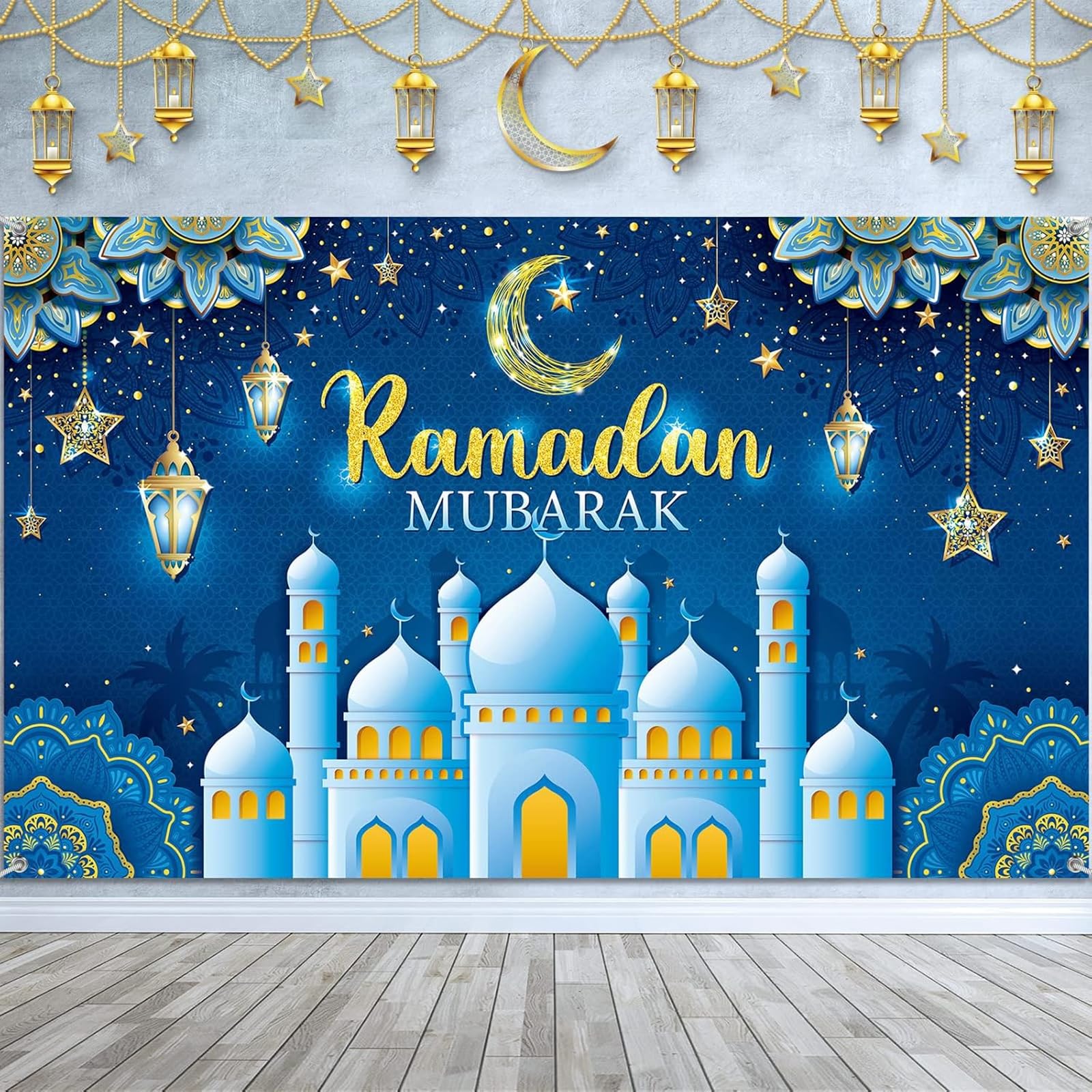 Ramadan Decorations Wall Decor Backdrop Banner Crescent Lantern Design Moon Star Night Sky with Building and Lanterns 180x110 cm for Eid Mubarak Indoor Outdoor Party Supplies Photo Props