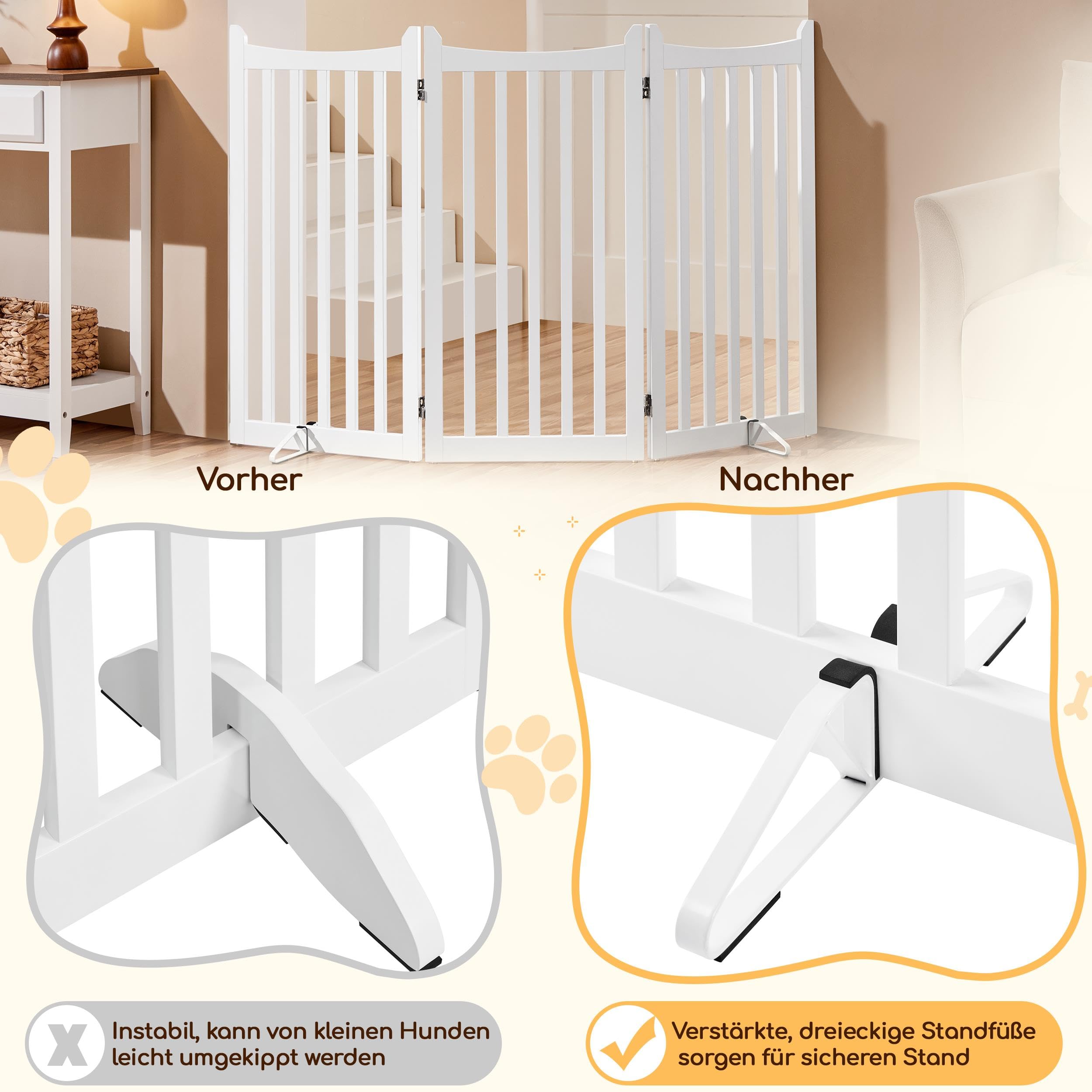 Yaheetech Barrière de Protection pour Chien, 90,5 x 151,5 cm, avec 2 Pieds de Support, Pliable, pour Cuisine, Couloir, escalier, Balcon, 3 Panneaux, Blanche