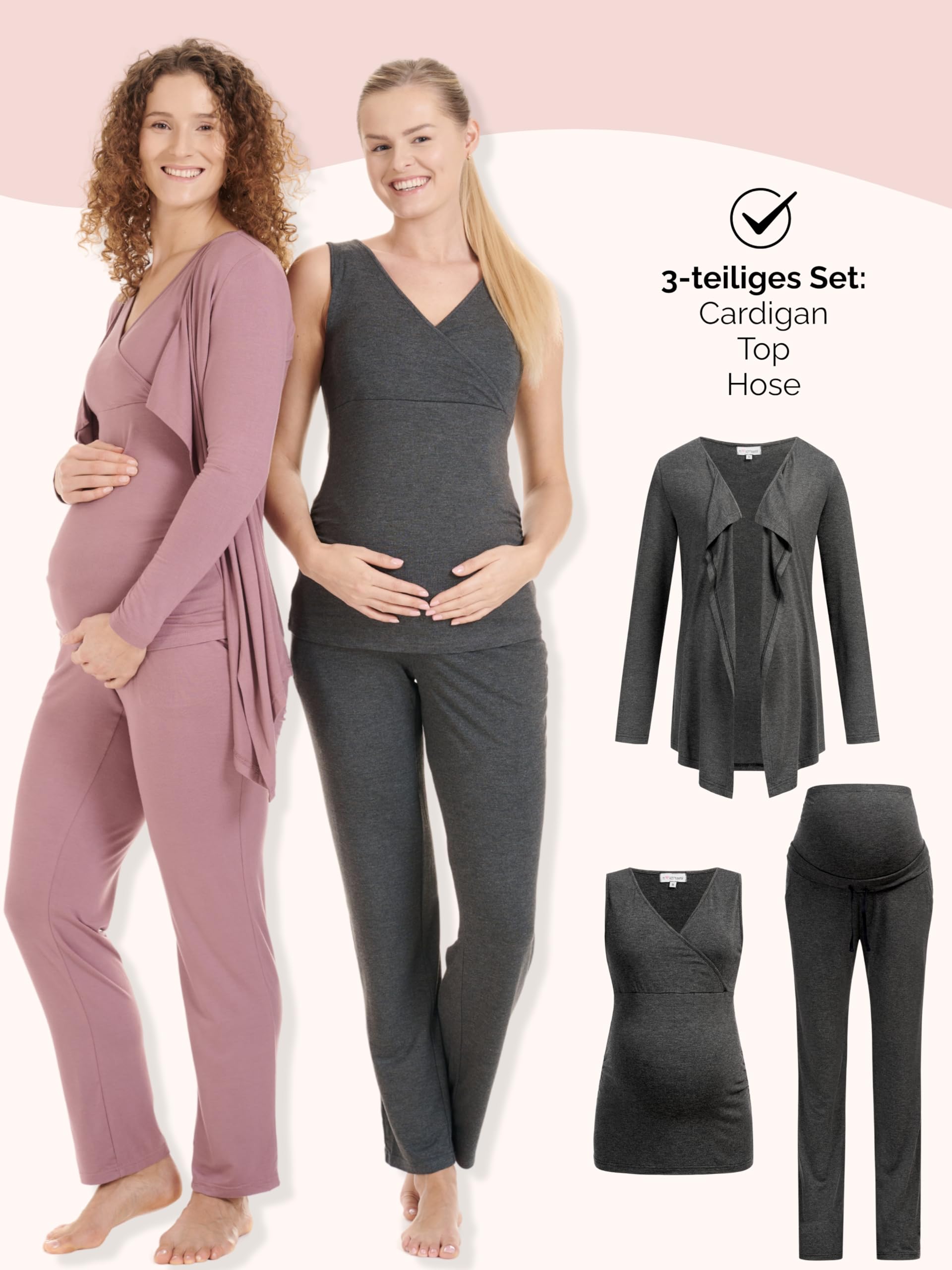 Herzmutter Stillpyjama-Set - 3-teilig - Umstands-Pyjama für Damen - Schwangerschafts-Wochenbett-Set - Hose-Top-Cardigan - 8100