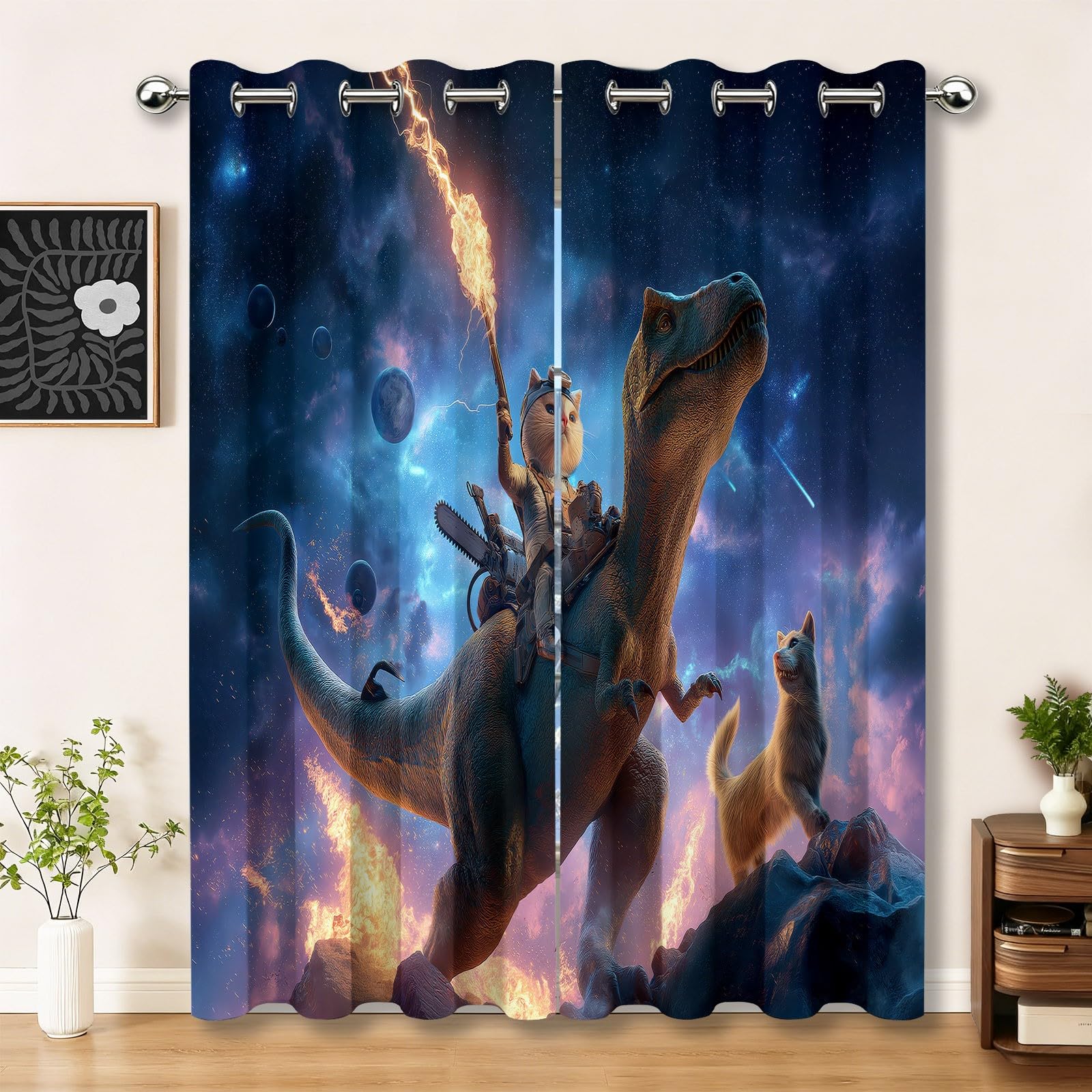Générique Lot de 2 Rideaux Occultants Thermiques avec Oeillets, 100L X 220H cm Motif Fantastique Dinosaures Espace - Isolant Anti-Froid et Bruit pour Chambre Enfant et Salon Décoration Noir
