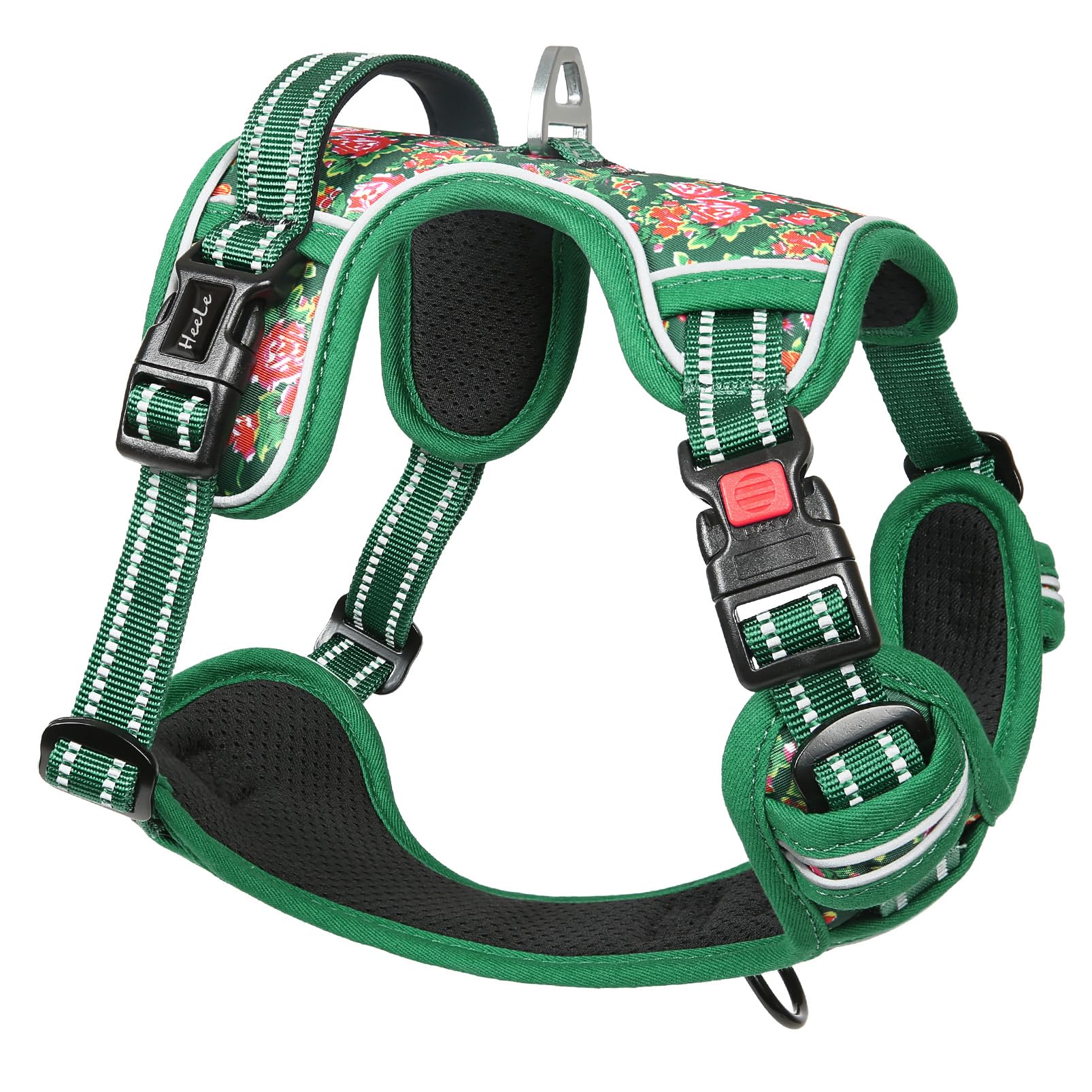 HEELE Pettorina Cane, Imbracatura Sganciata Rapido dal Collo, Pettorina Anti-tiro Riflettente e Regolabile con Maniglia Comoda, Morbida e Imbottita per Cani, Floral-Verde-Serratura M