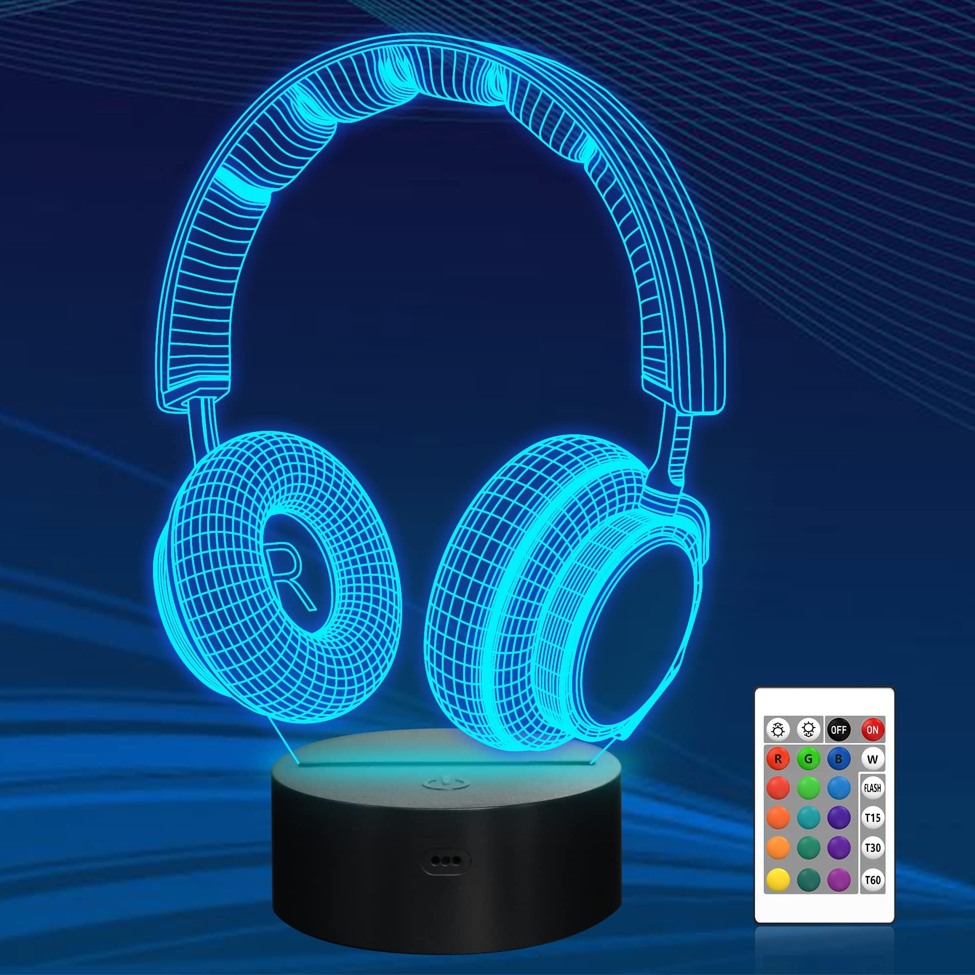 Headset Creative 3D Night Light/16 Color Changing with Remote Control USB Power, Game Headphone Optical Illusion Lamp Unique Room Decor for Teen Boy Men Birthday Gifts