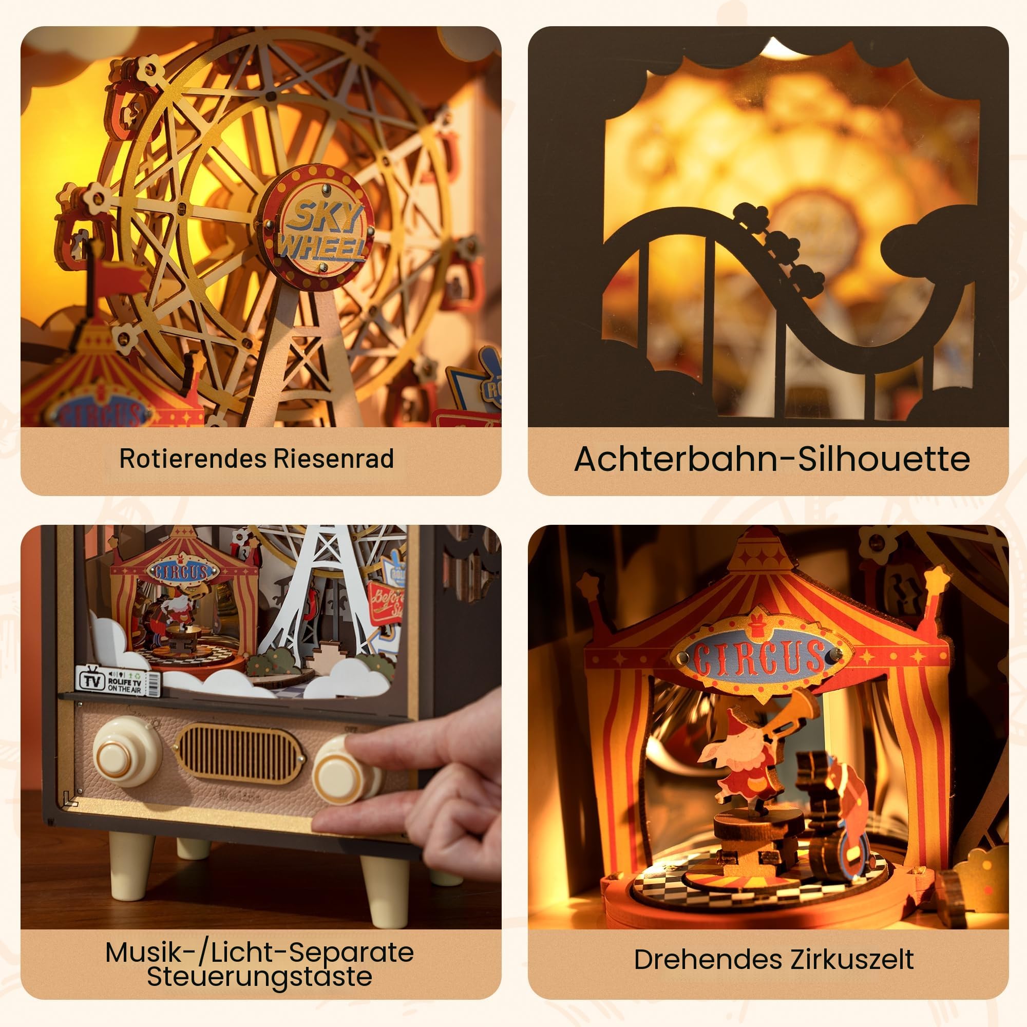 Rolife 3D Puzzles Holz Spieluhr Sonnenuntergang Karneval Miniatur Szene Retro Fernsehen Modell Bausätze für Erwachsene zu Bauen LED Nacht Lichter Plug in 174pcs (AMT01)