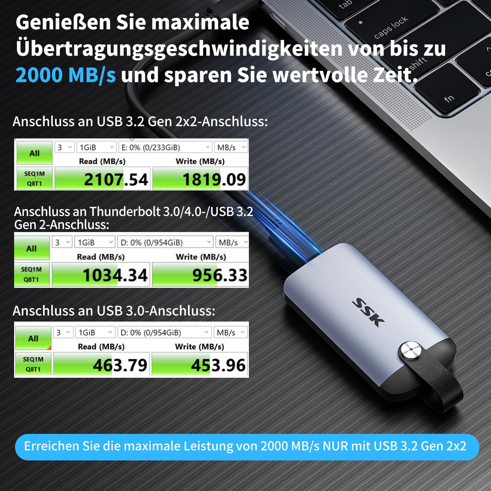 SSK Externe Portable NVMe SSD 2TB, max. 2000 MB/s nur über USB 3.2 Gen 2x2 | SSD Festplatte extern mit Ledergriff und USB-C für iPhone 15/16/17, Android, Windows, Tablet, Mac, Laptop, PC und Xbox One