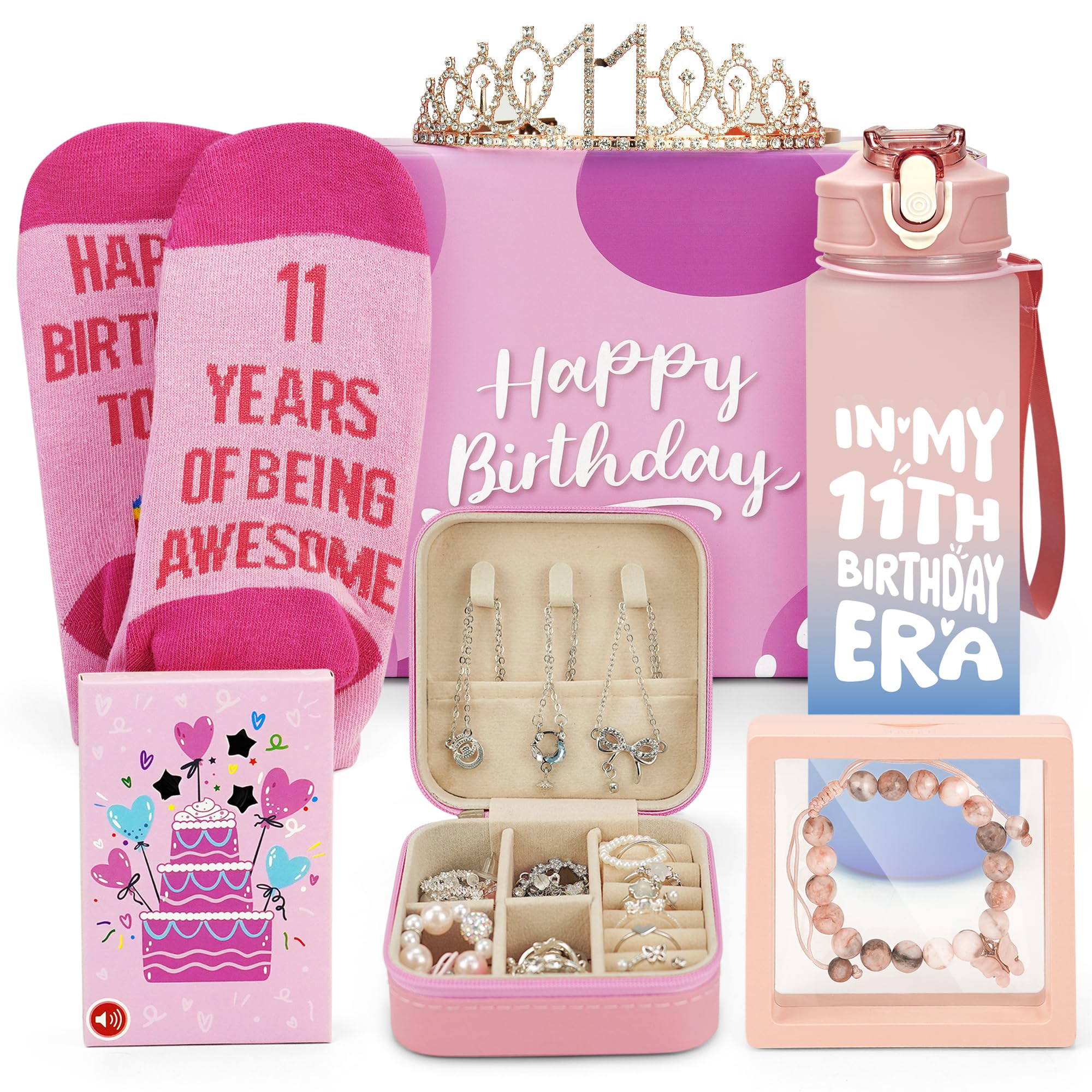 Epessa 11 Year Old Girl Gifts, Birthday Gifts for 11 Year Old Girls, 6 Pcs Personalised Hampers Includes Recording Greeting Card, 25OZ Tumbler, Birthday Presents for Daughter, Teen, Niece