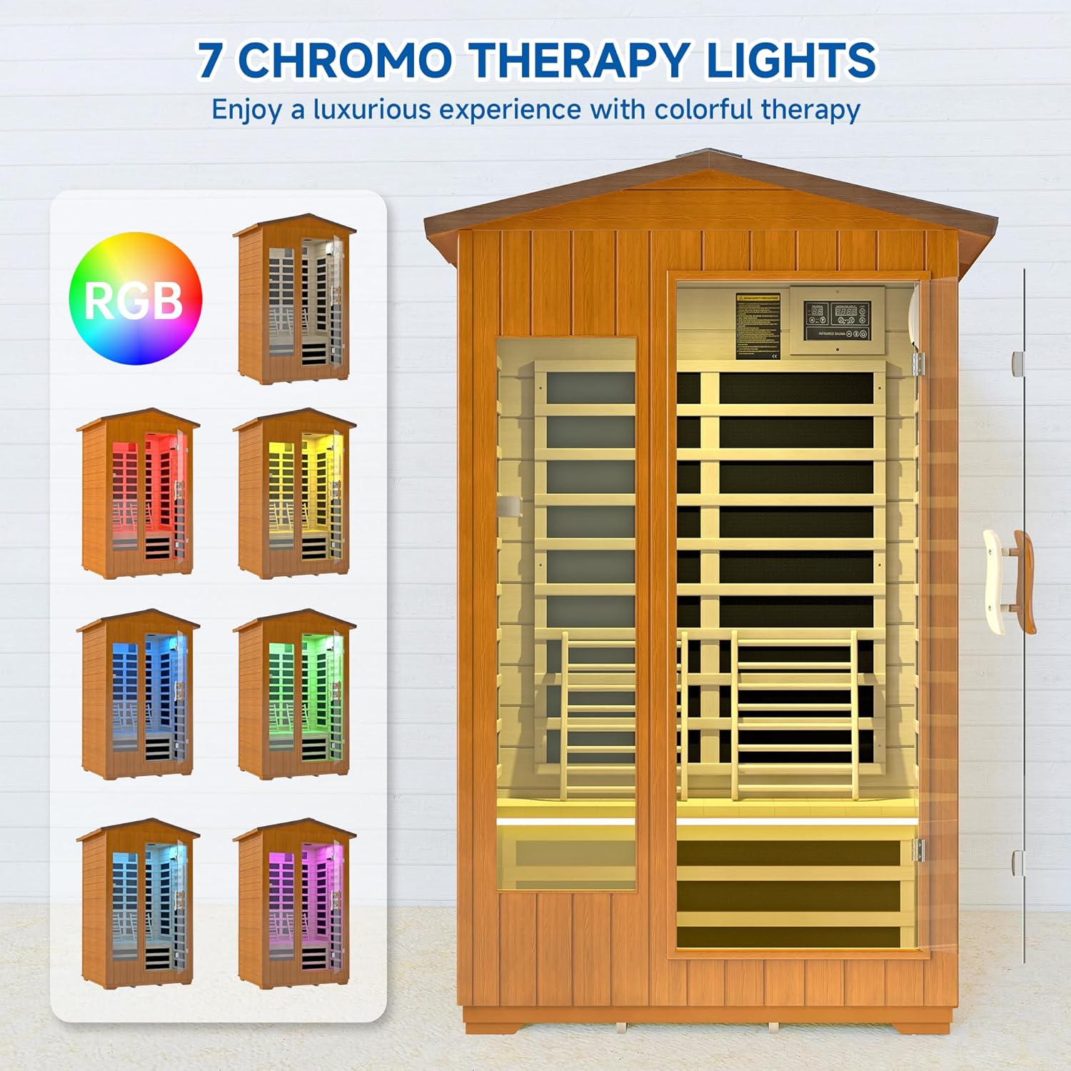 Outdoor Sauna 2 Person, Infrared Sauna for Home, Wooden Dry Saunas Room with Far Low EMF Lighting, Bluetooth Speakers, 7 Colors Chromotherapy for Outdoor Home Spa