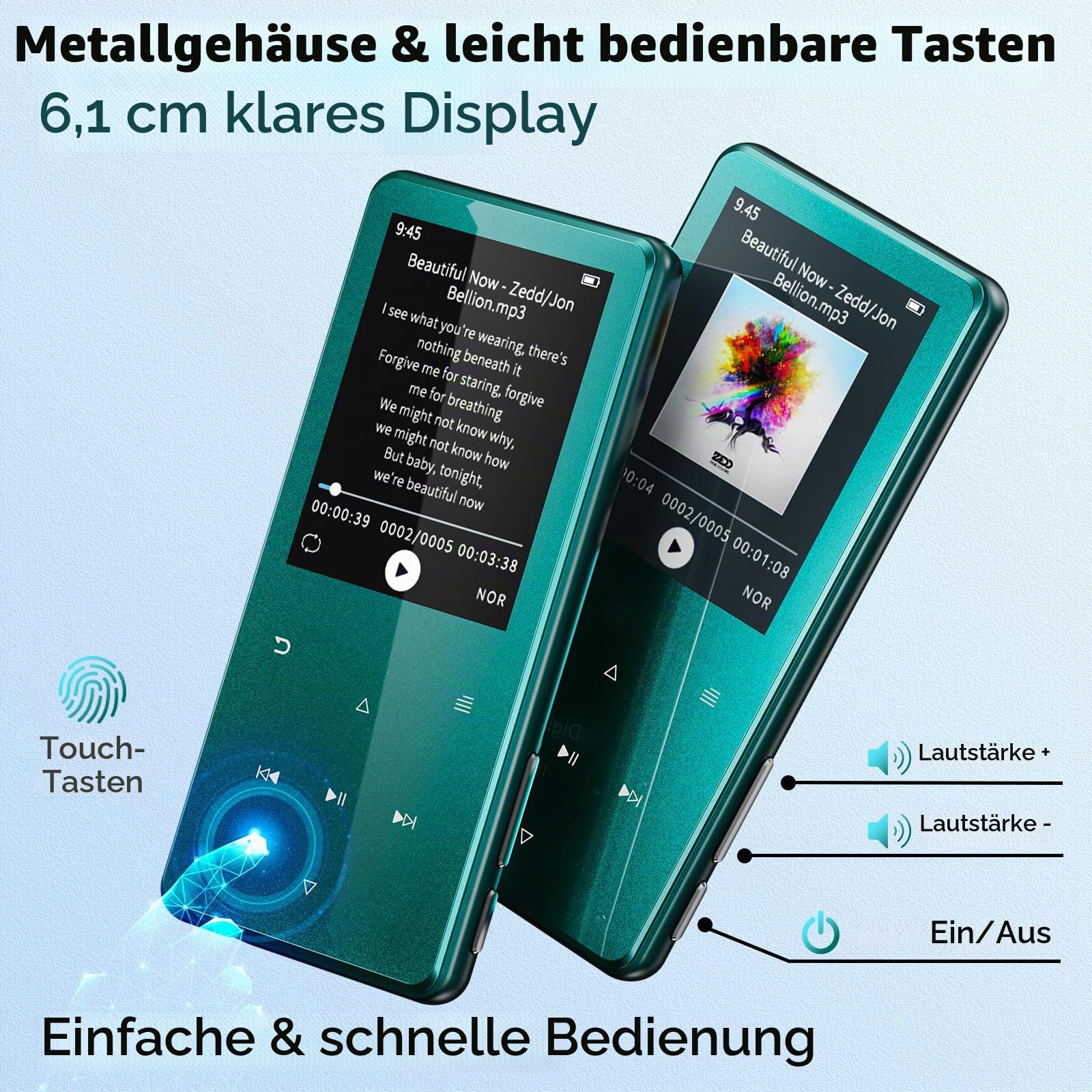 MP3 Player Bluetooth 5.3 64GB mit 2,4" Display, Touch-Tasten & Lautsprecher