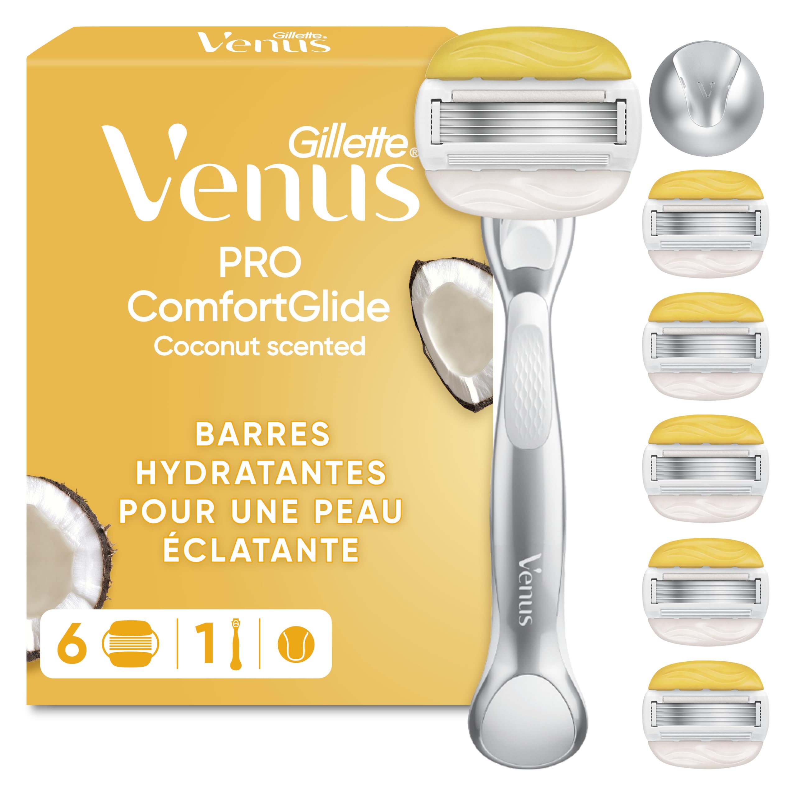 Gillette Venus Rasoir pour Femme Pro ComfortGlide Parfum Noix de Coco, Manche en Métal Réutilisable, 6 Recharges 5 Lames Huile d'Argan