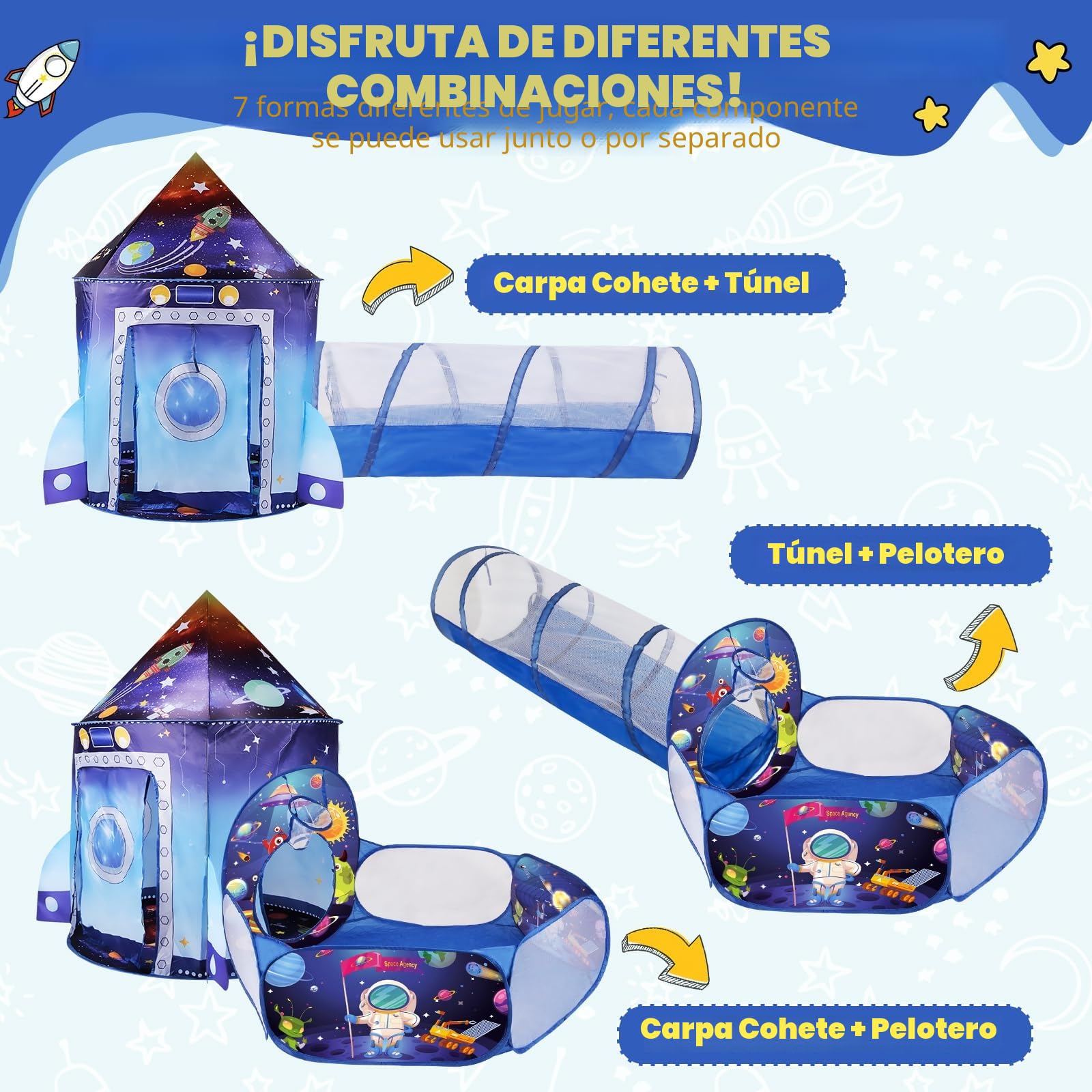Cohete 3 en 1 Carpa de Juego con Túnel y Piscina de Pelotas para Niños Playhouse Plegable para Interior Exterior - Juguete Espacial Bebés y Niños - Cumpleaños Navidad Fiestas Infantiles Tienda Rocket