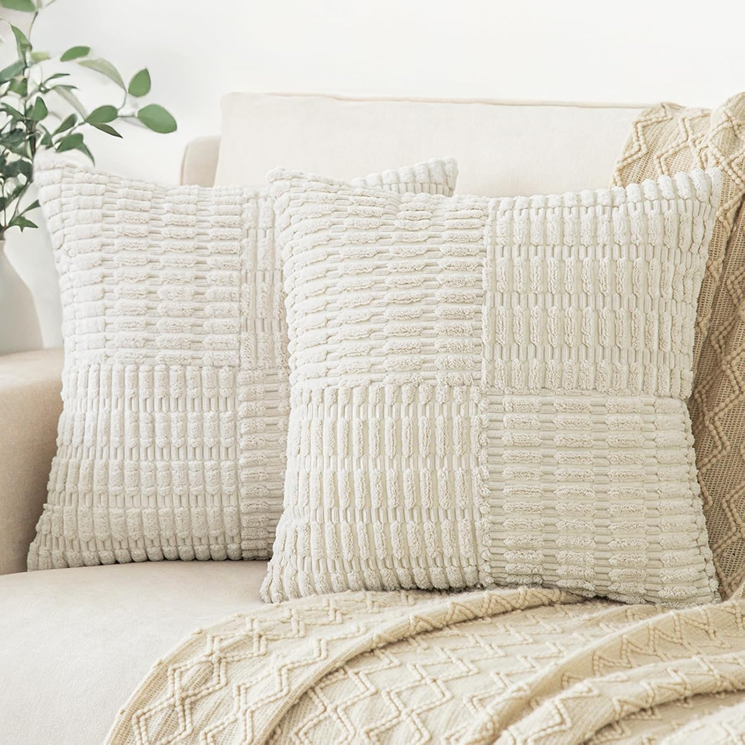 Softalker Spring 18x18 Throw Pillow Covers Cream, Set of 2 Soft Corduroy Boho Textured Modern Pillow Cases, White Decorative Cushion Covers for Couch Patio Living Room Sofa Easter Gift, Beige