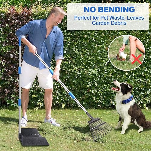 Miniatura 7 de QiMH Juego de bandeja y rastrillo mejorado para excremento de excremento de mascotas de metal inoxidable con mango largo ajustable para perros