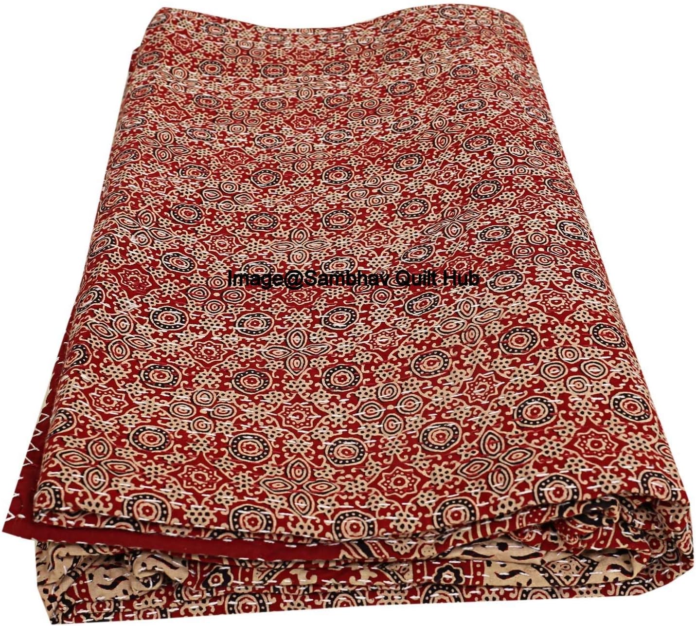 Red Kantha Ajarkh Hippie Handmade Queen Size Kantha Bedspread Ajrakh Reversible Hand Stitched Cotton Kantha Quilts Bohemian Floral Kantha Twin/Queen (60X90 inch)