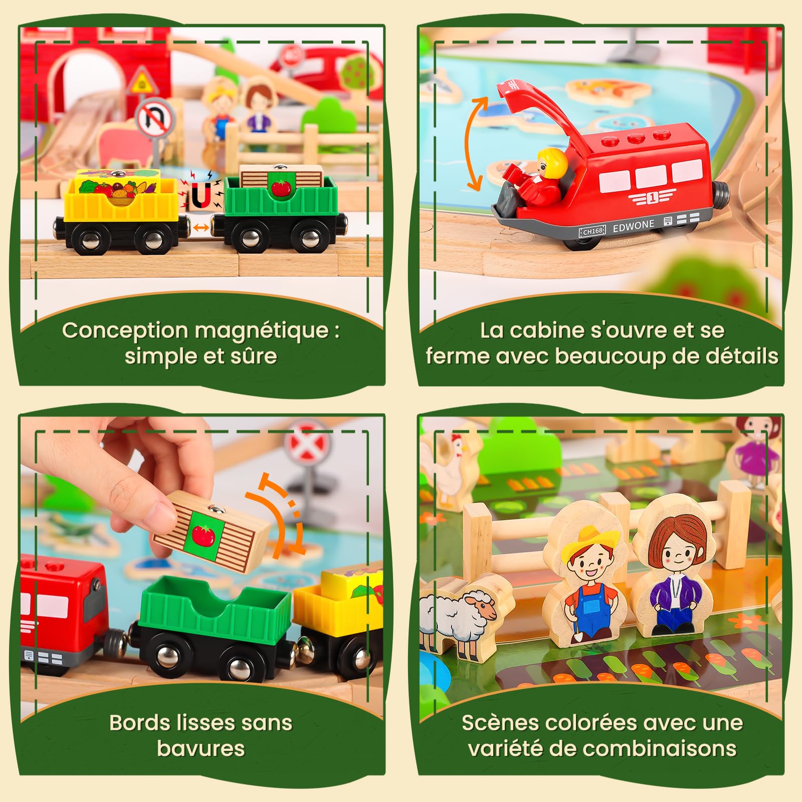 Circuit Train Bois 100 Pièces Circuit Voiture Bois Thème de la Ferme Train Enfant avec Un Trainminiature, Un Étang et des Petits Animaux pour Enfants 4 5 6 7 8 Ans
