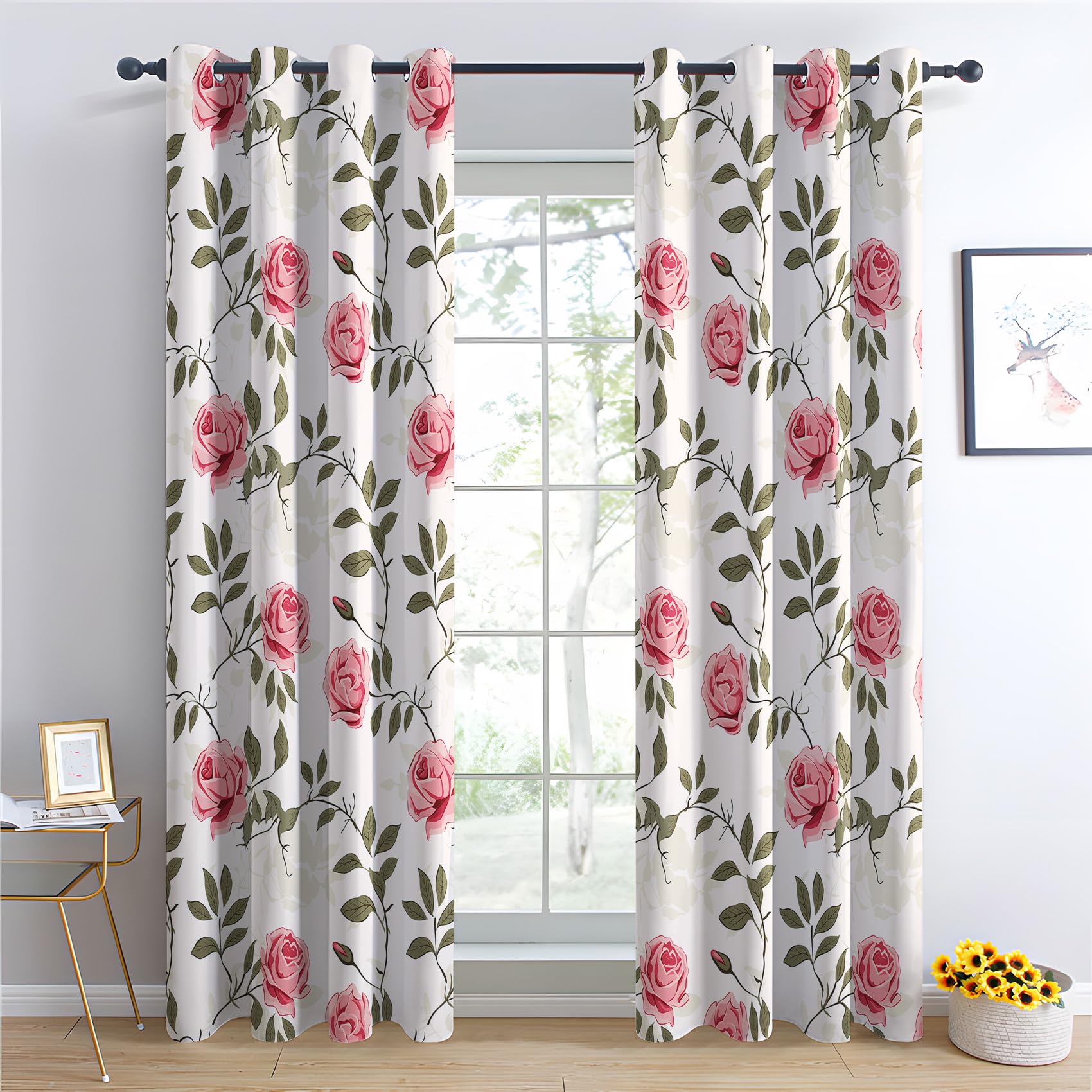 Rideau Occultant Fleurs Rose, Rideau Isolant Thermique pour Salon Chambre, Rideaux Motif Feuilles Verte, Rideau Opaque à Oeillets, Lot de 2 Rideaux et Draperies Intérieur 140x220cm LxH (Q2-&389)