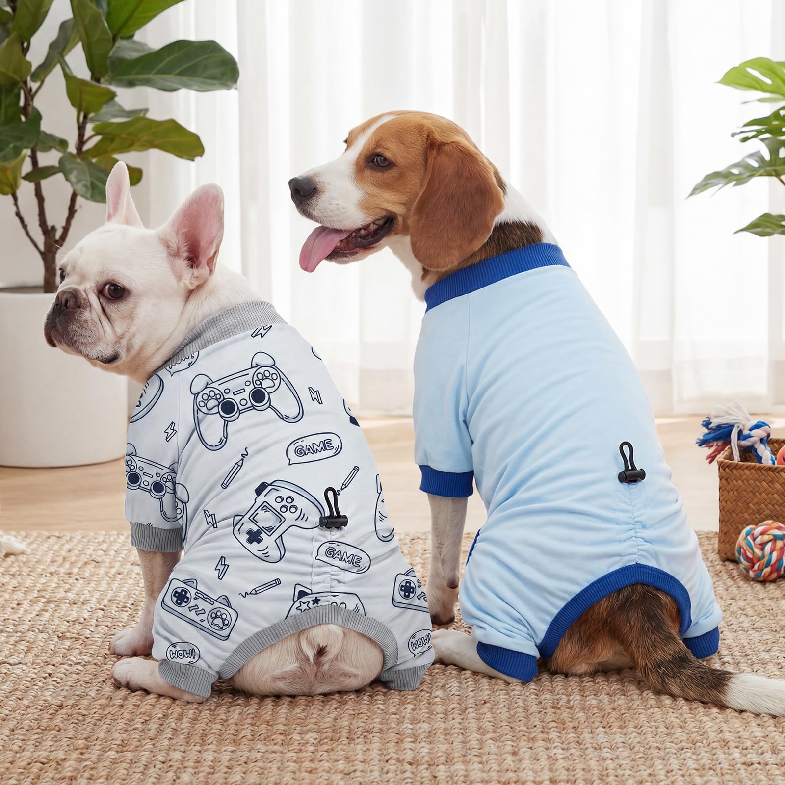 XPUDAC 4 Pack Dog Pajamas, Soft Puppy Clothes with Drawstring Adjustable Stretchy Dogs Onesie for Small Medium Doggie Shed Defender Dog Suit Pet Outfit Boy, M — view 4