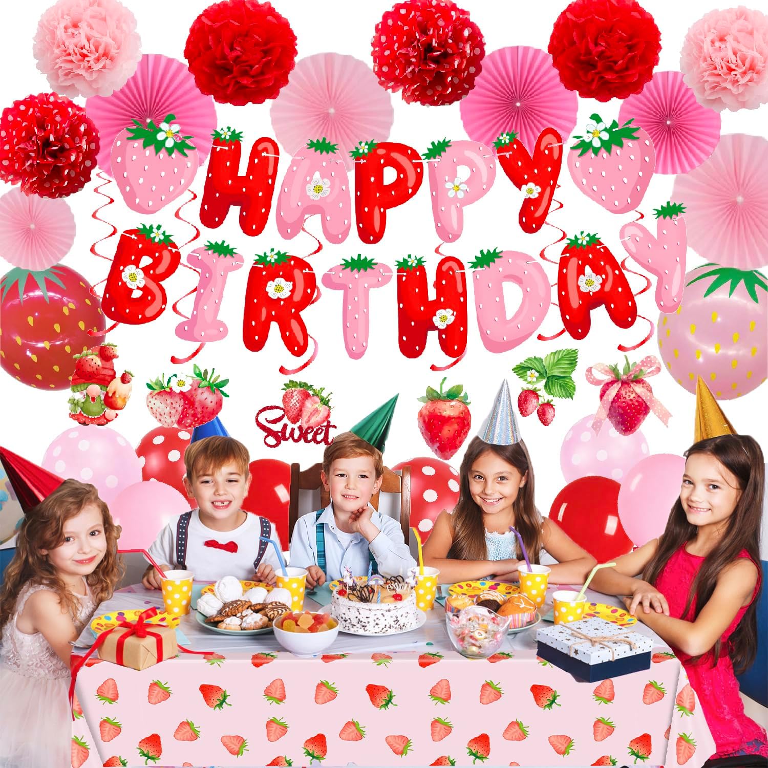 Strawberry Birthday Party Decorations for Girls with Themed Tablecloth, Happy Birthday Banner, Cake Topper, Balloons, Hanging Swirls & Pompoms Strawberry Party Decor Supplies for Womens Themed Party