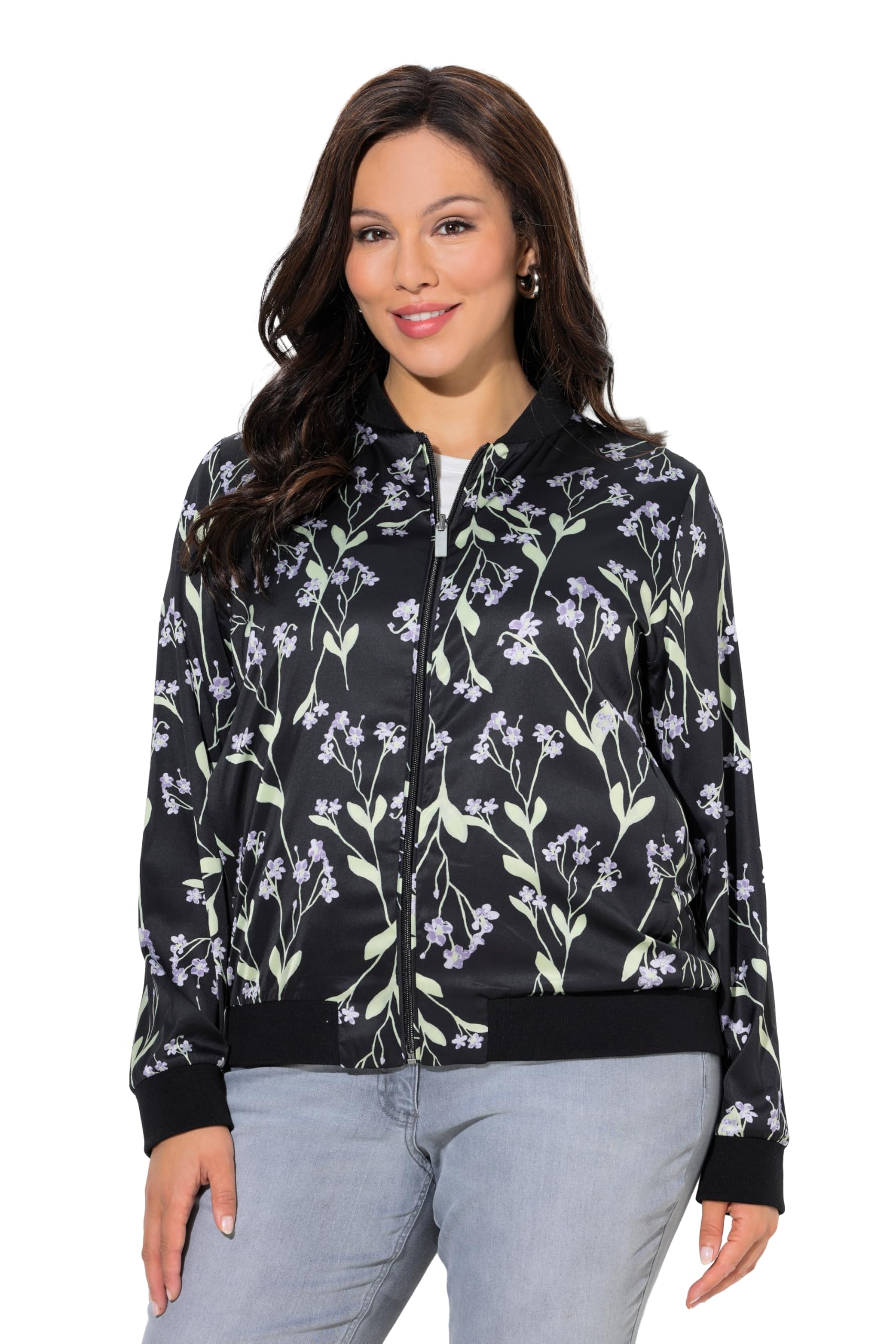 Ulla Popken Damen große Größen Übergrößen Plus Size Wendeblouson, Blüten/einfarbig, Collegekragen, Langarm 845841