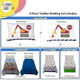 Sunny Side Up Construction Zone Toddler Comforter Set - 4 Piece Preschool Bedding Includes Comforter, Sheets & Pillow Cover - Super Soft Vehicles Microfiber Bed Set