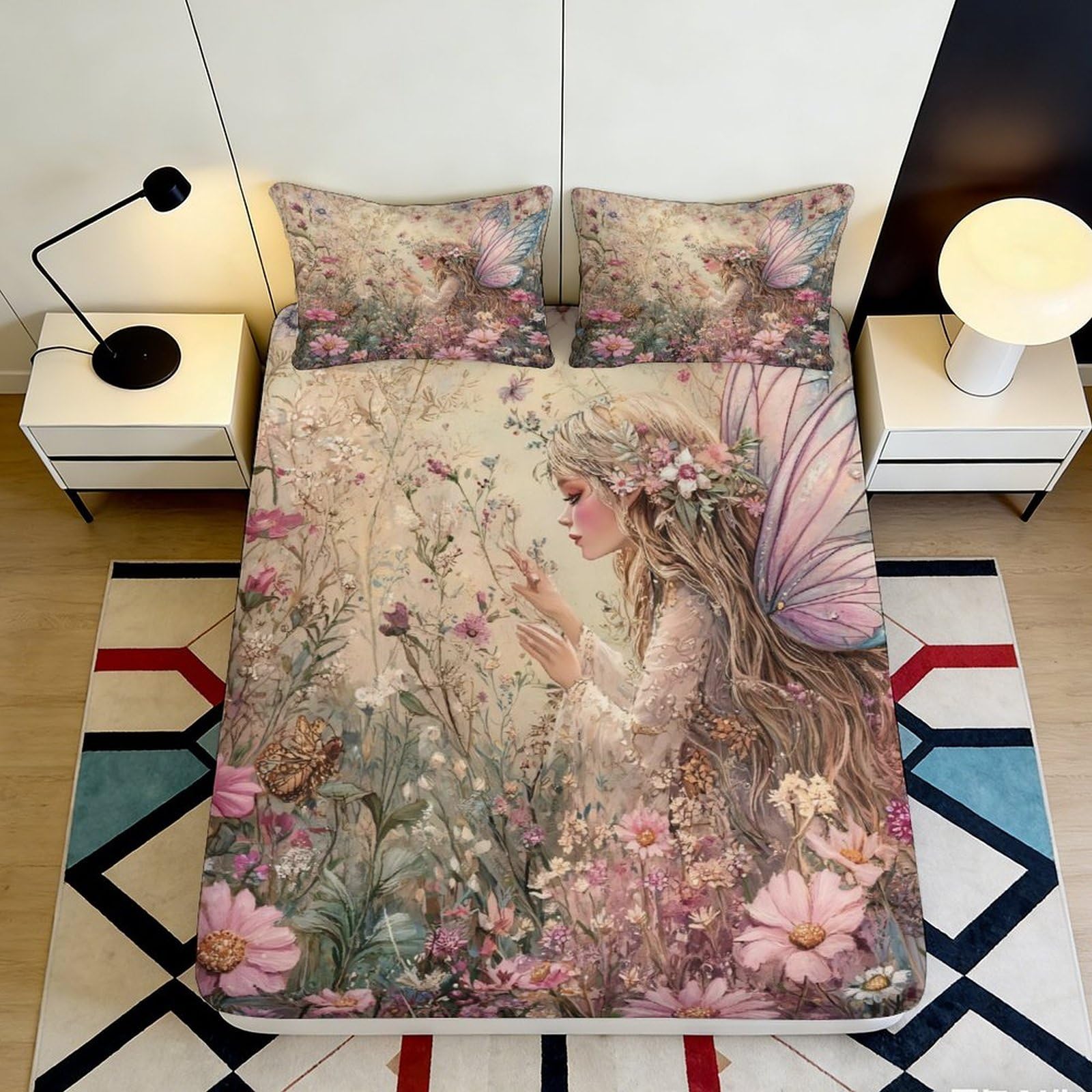 3D Printed Fantasy Fairy Garden Fitted Sheet Microfiber Pink Butterfly Mattress Cover Floral Bedroom Decor 90x200x25cm