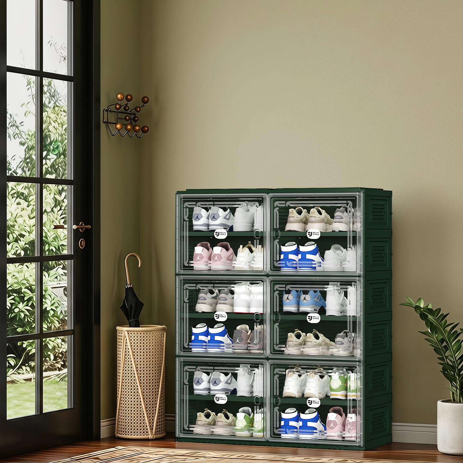 Foldable Shoe Storage Cabinet for 24 Pairs with Magnetic Clear Doors, Portable Enclosed Shoe Organizer, 3-Step Quick Assembly for Entryway, Closet, Garage (2Row 6Tier)