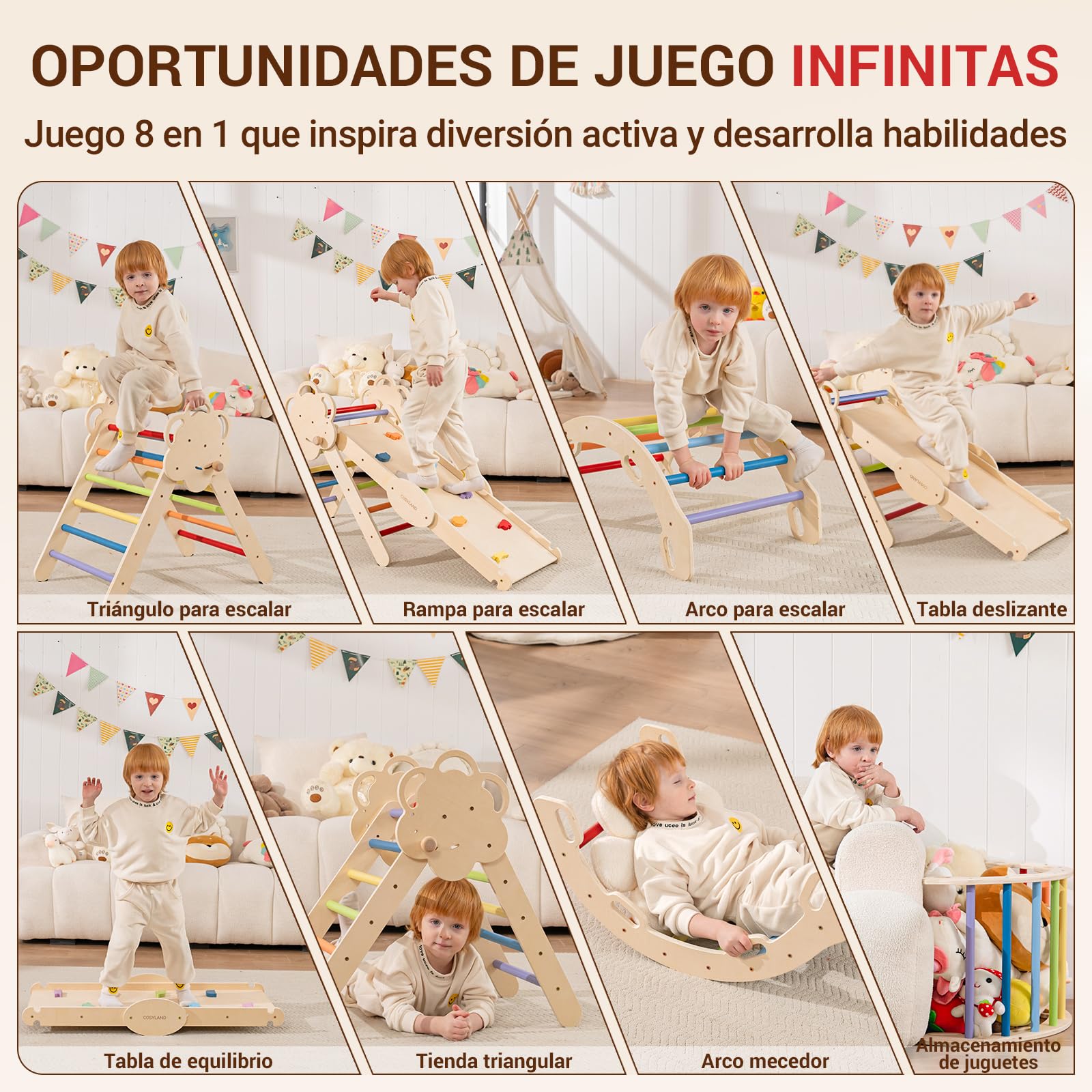 COSYLAND 8 en 1 Triángulo de Escalada Montessori con Arco y Rampa, Set Plegable Infantil, Juguete de Madera Resistente para Interior, Niños 18 Meses-6 años, Natural/Multicolor, Grande