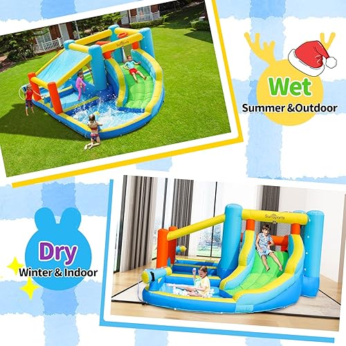 Miniatura 5 de Tobogán acuático inflable, casa de rebote para patio trasero de niños, parque acuático inflable con piscina de salpicadura, casa de salto con