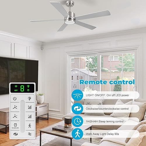 Miniatura 5 de KOWNPY Ventiladores de techo de 52 pulgadas con luces con control remoto motor CC reversible, 5 cuchillas, 3CCT, regulable, ventilador de techo con
