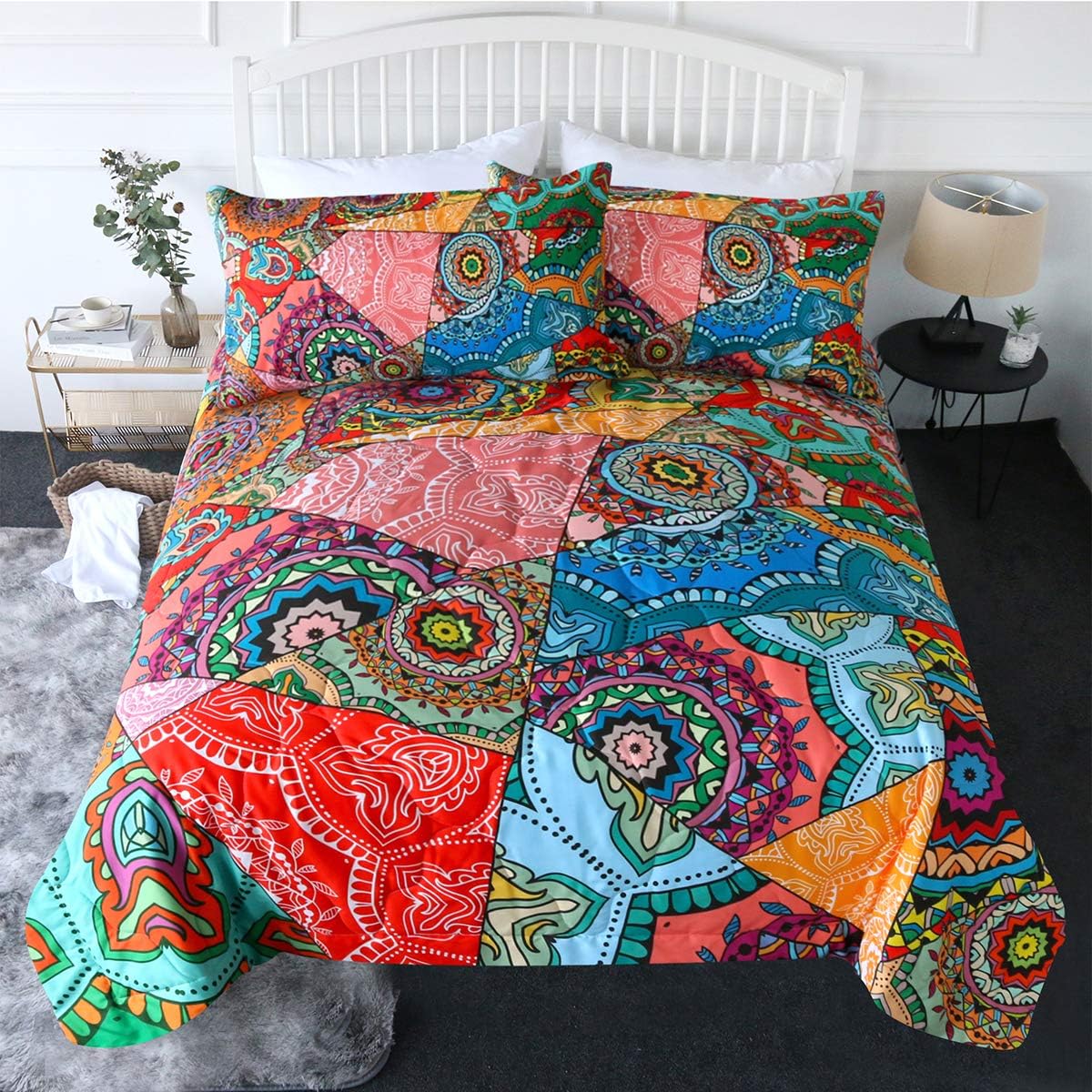 BlessLiving 3 Piece Mandala Comforter Set with Pillow Shams – Floral Patchwork 3D Printed Bedding Set Reversible Comforter Queen Size Bedding Sets – Soft Comfortable Machine Washable, Colorful