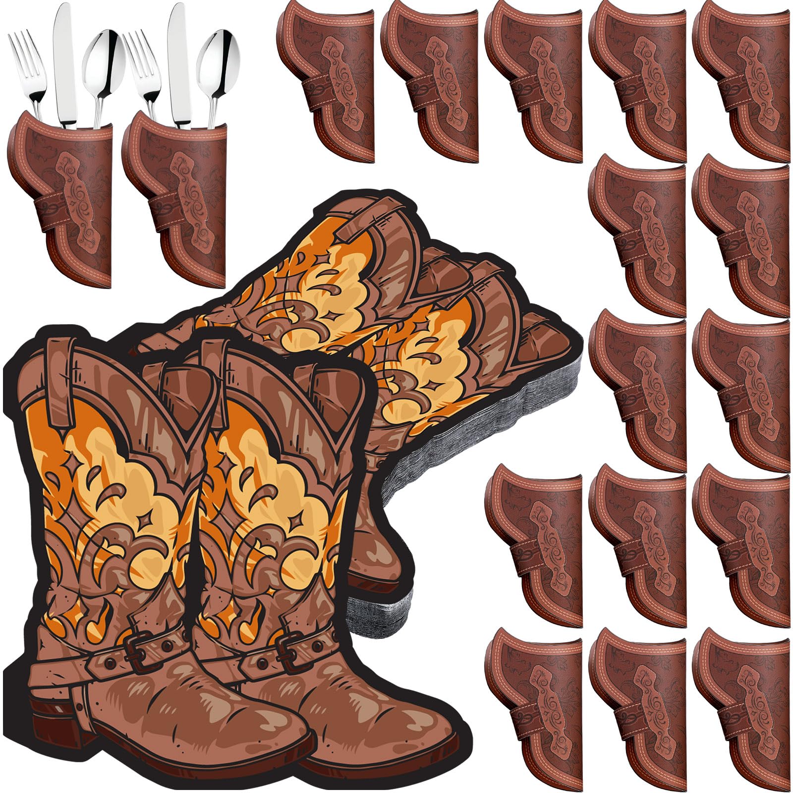 Honeydak 48pcs Cowboy Holster Silverware Holders and Cowboy Boot Napkins Cardstock Brown Cutlery Sleeve Western Cowgirl Napkins for Western Party