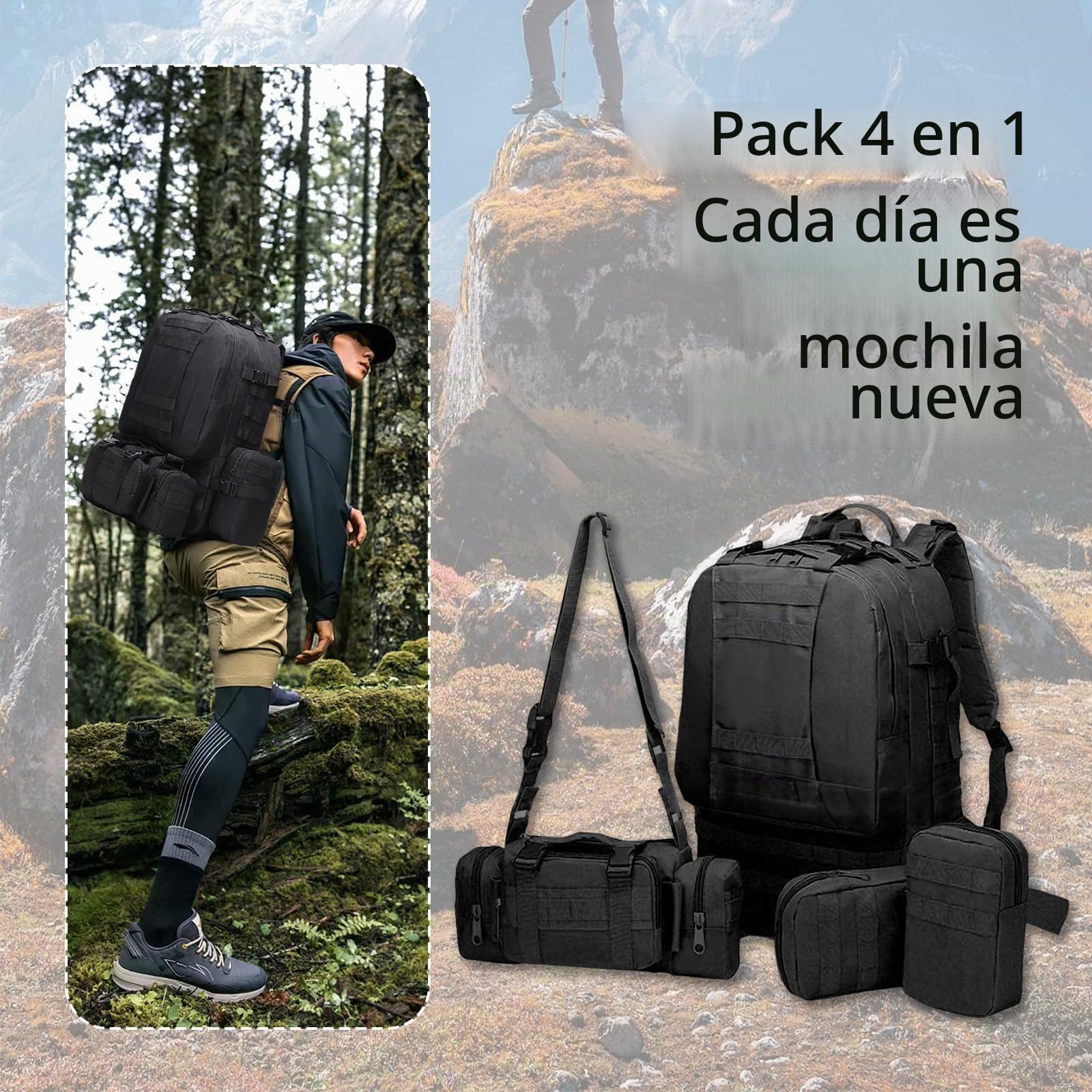 Mochila Militar, 60L Mochila Viaje Tactica Paquete de Asalto MOLLE con Gran Capacidad Macutos de senderismo para Caza Senderismo y Actividad al Aire Libre acampada montañismo y viajes