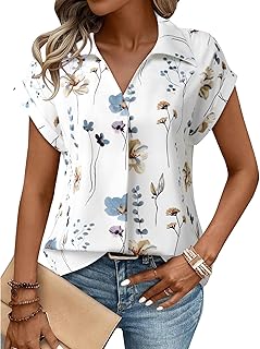 Gaharu Women's Summer Work Blouse V Neck Short Sleeve Lapel Shirt Top Tunic