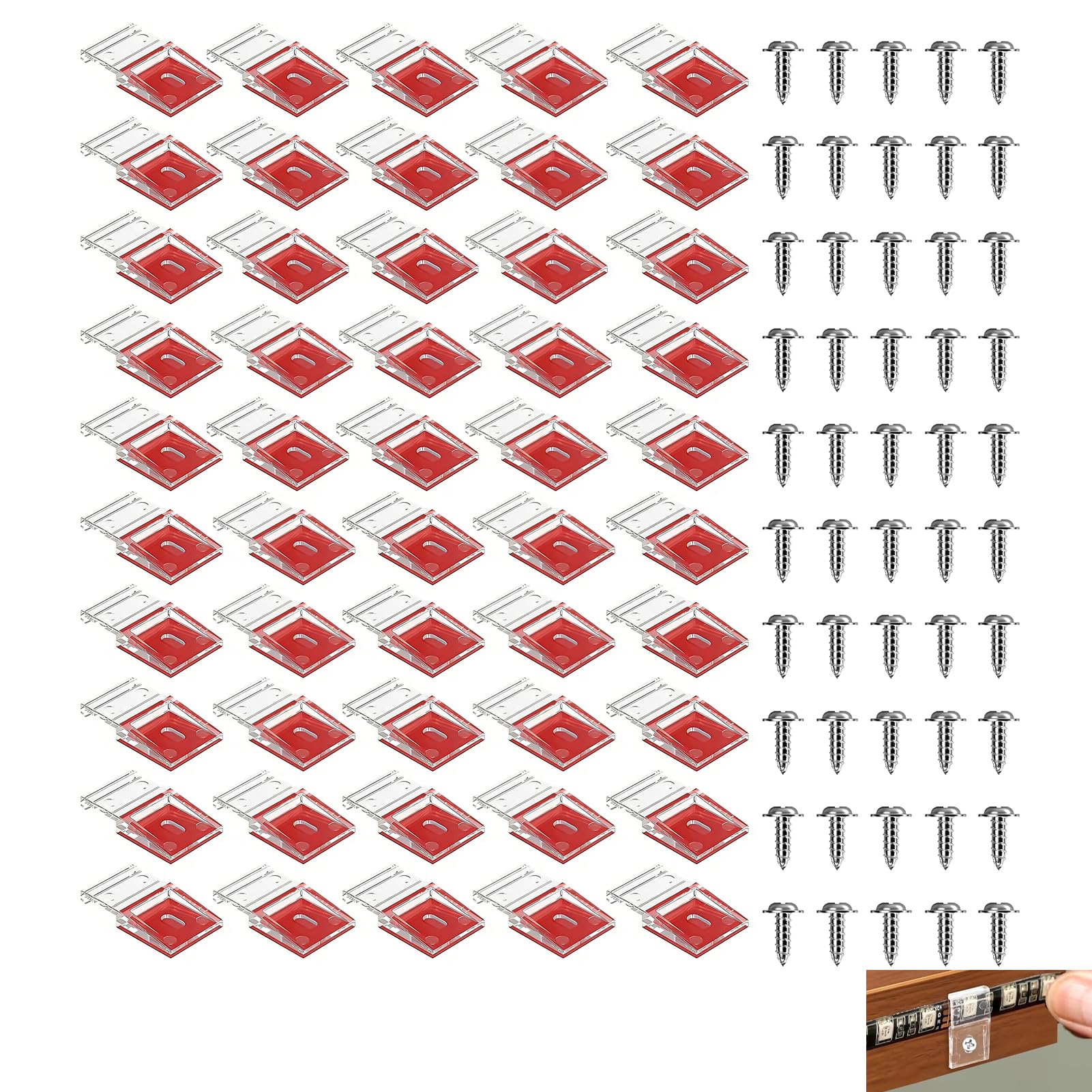 50 pezzi clip di montaggio per strisce LED, supporto per strisce LED trasparente da 10 mm con adesivo e viti, clip di montaggio per strisce luminose impermeabili IP30/IP65, elementi fissaggio discreti
